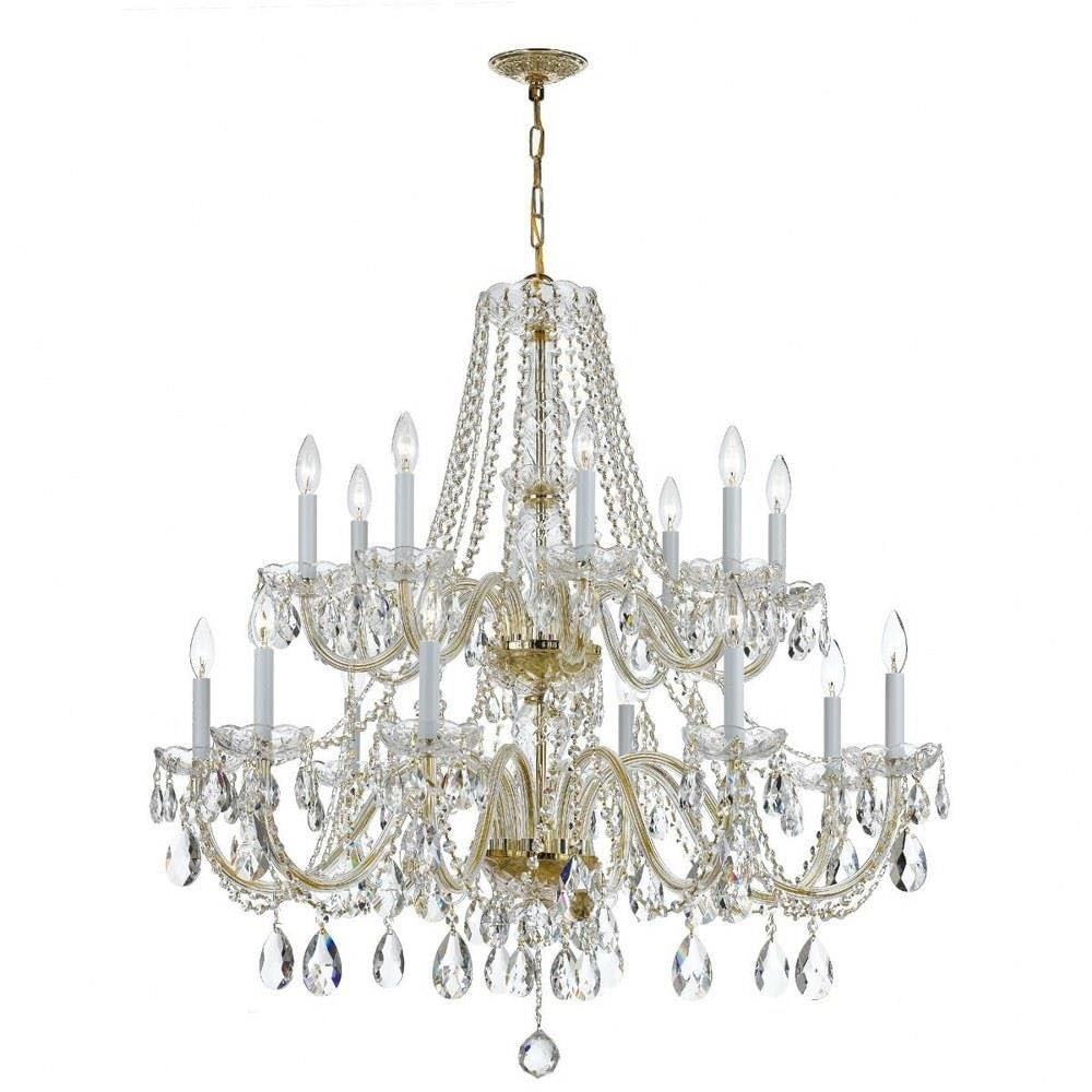 16-Light Crystal Chandelier with Strass Accents - Polished Brass Finish for Dining Room, Living Room & Bedroom Lighting