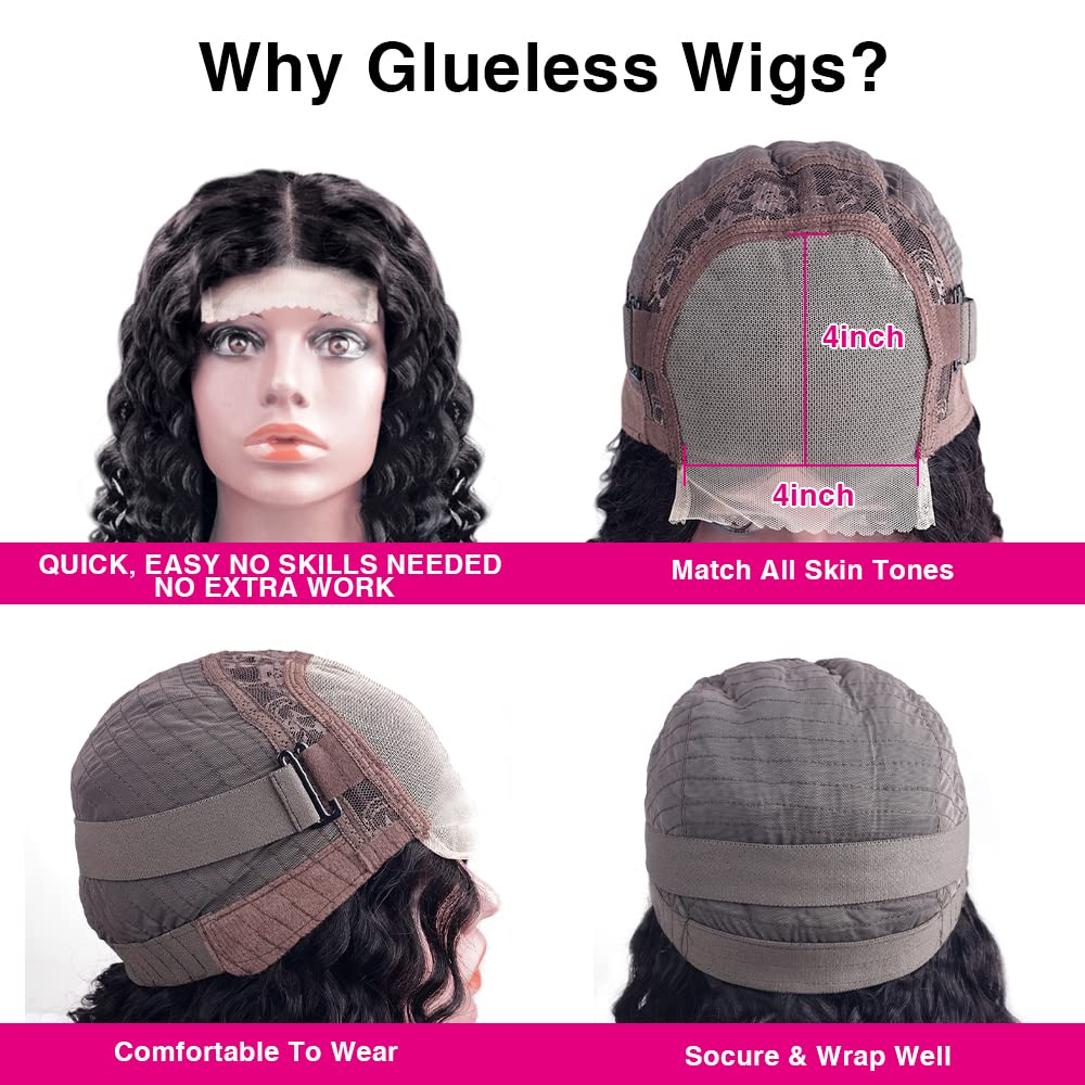 4x4 Deep Wave Lace Front Wig Human Hair - Glueless Wear & Go Wig with Transparent Lace Closure for Black Women - Pre Cut No Glue Natural Color 28 Inch - Perfect for Daily Wear, Parties, and Special Occasions