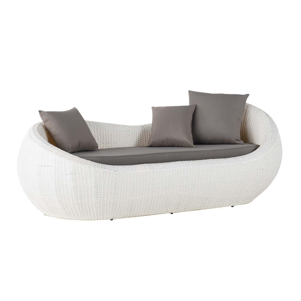 White Woven Rattan Round Outdoor Sofa with Cushion & Pillow - Curved Back Patio Furniture for Garden, Poolside, and Backyard Relaxation