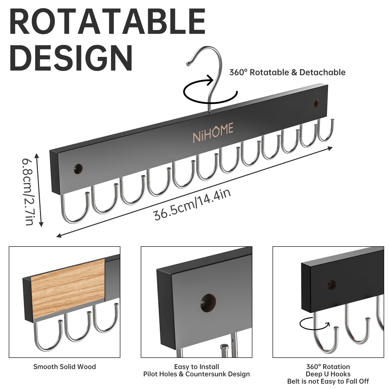 NiHome Wooden Belt & Tie Hanger for Closet - 12 Rotating Hooks for Organizing Lingerie, Scarves, Ties - Space Saving Wall Mounted or Hanging Storage Solution - Perfect for Bedroom, Walk-in Closet & Office Organization (Black, 1PC)