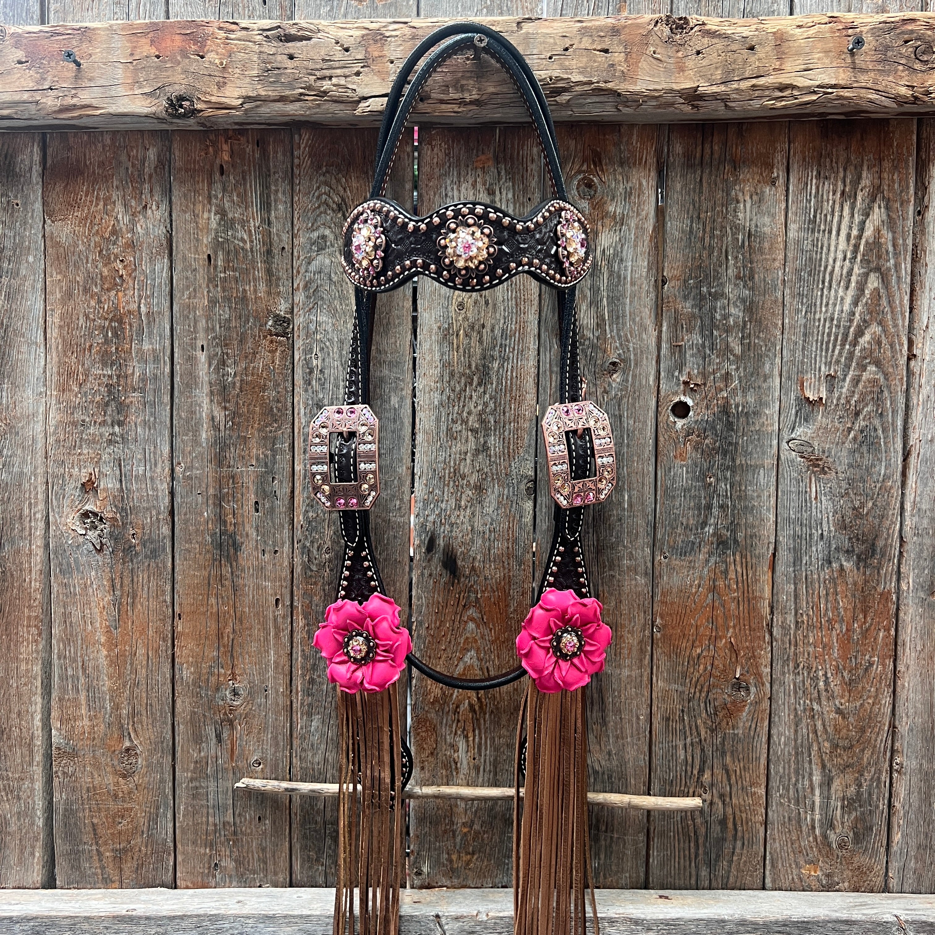 Premium Dark Oil Honeycomb Copper Dot Browband & Breastcollar Tack Set - Elegant Copper Pink & Champagne Equestrian Gear for Dressage & Show Jumping | BBBC614