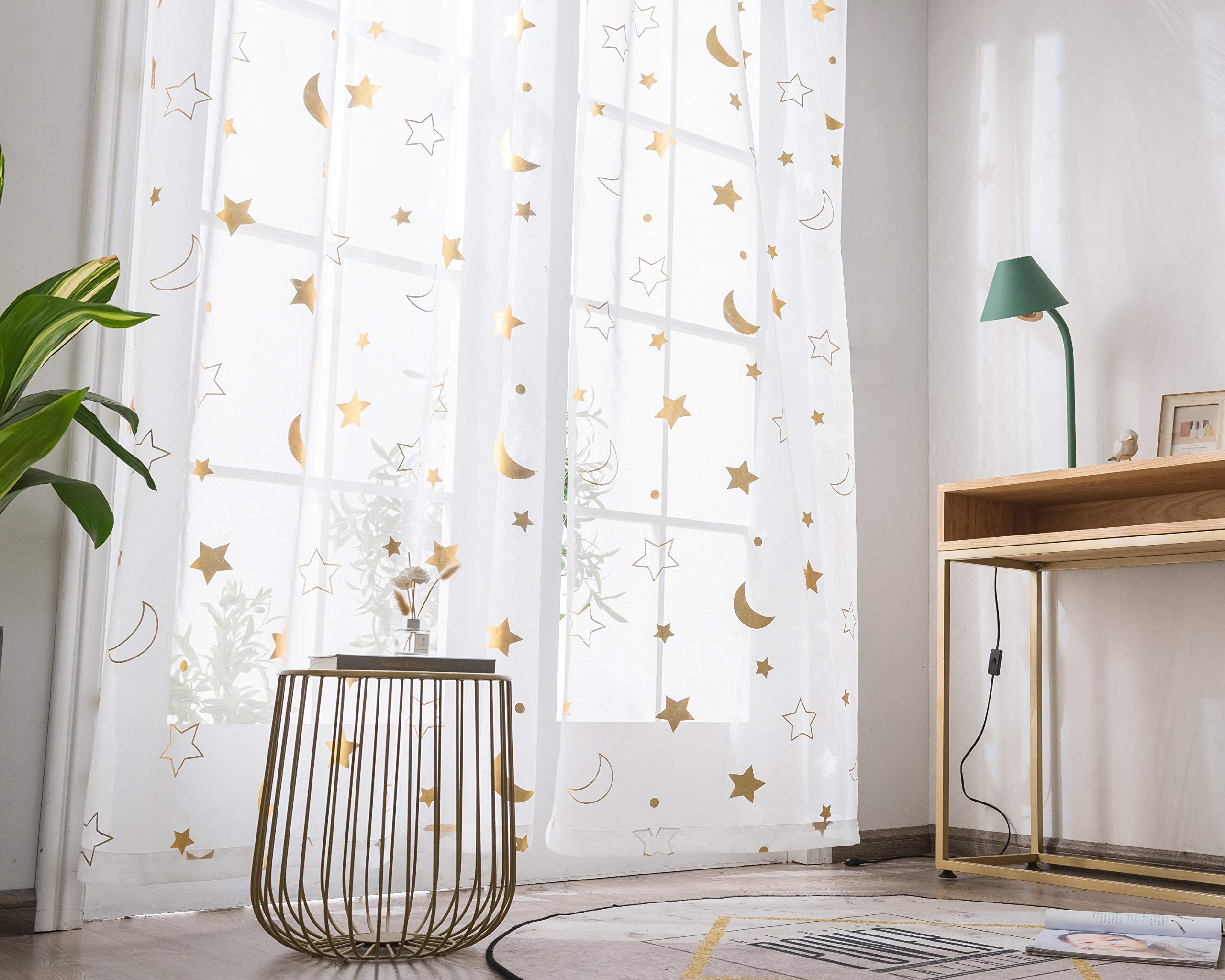 Gold Star and Moon Sheer Window Curtains for Girls Room - 63 Inch Long Grommet White Foil Printed Curtains (Set of 2 Panels) | Kids Bedroom Decor, Nursery, Playroom & Dorm Room Window Treatments