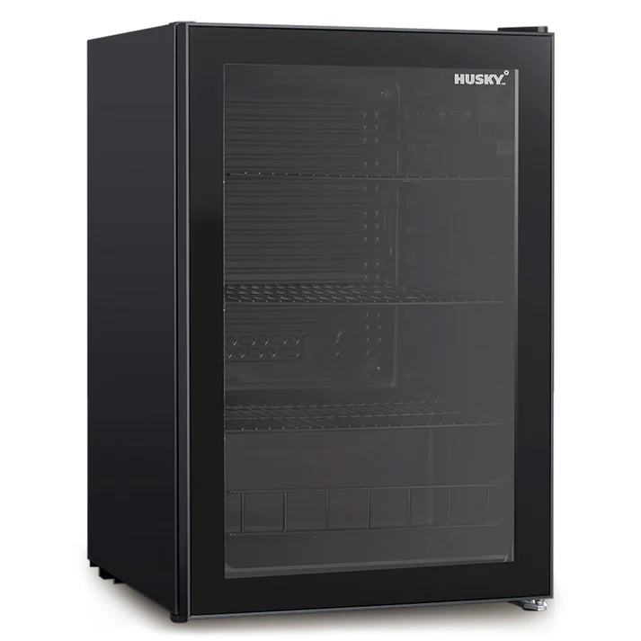 Husky 130L Black Anti-Condensation Glass Door Bar Fridge - Compact Beverage Cooler for Home, Office, or Commercial Use - Perfect for Storing Beer, Wine, and Drinks