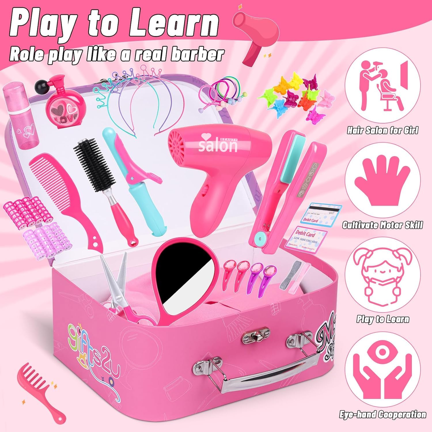 Girls Hair Salon Pretend Play Set - Styling Toys with Blow Dryer, Barber Apron, Scissors & Fake Money | Perfect for Kids Role Play, Birthday Gifts & Preschool Learning Activities