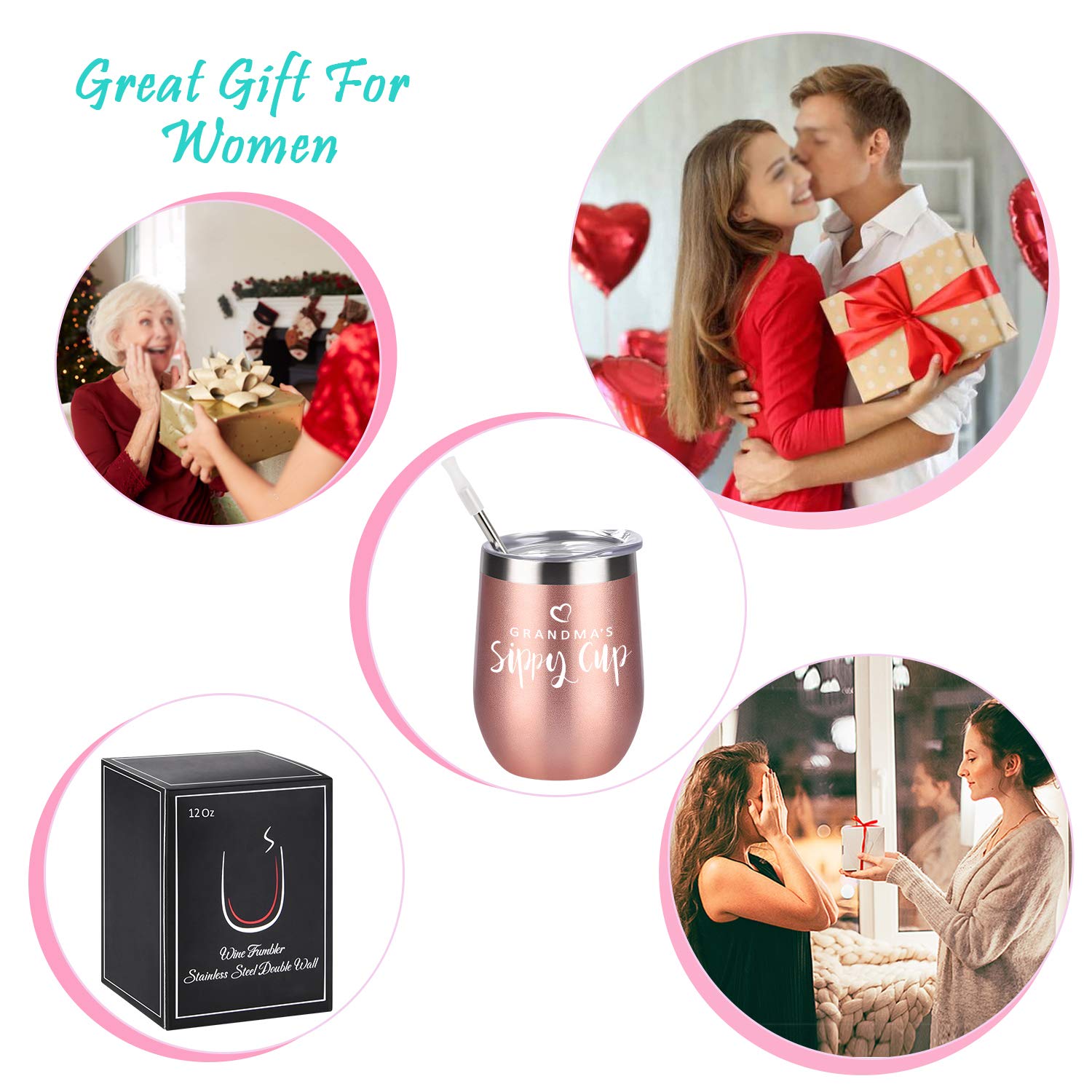 12oz Insulated Stainless Steel Wine Tumbler with Lid & Straw - Rose Gold Grandma's Sippy Cup - Perfect Birthday & Mother's Day Gift for Grandmother, Nana - Great for Wine Tasting, Picnics & Relaxing at Home