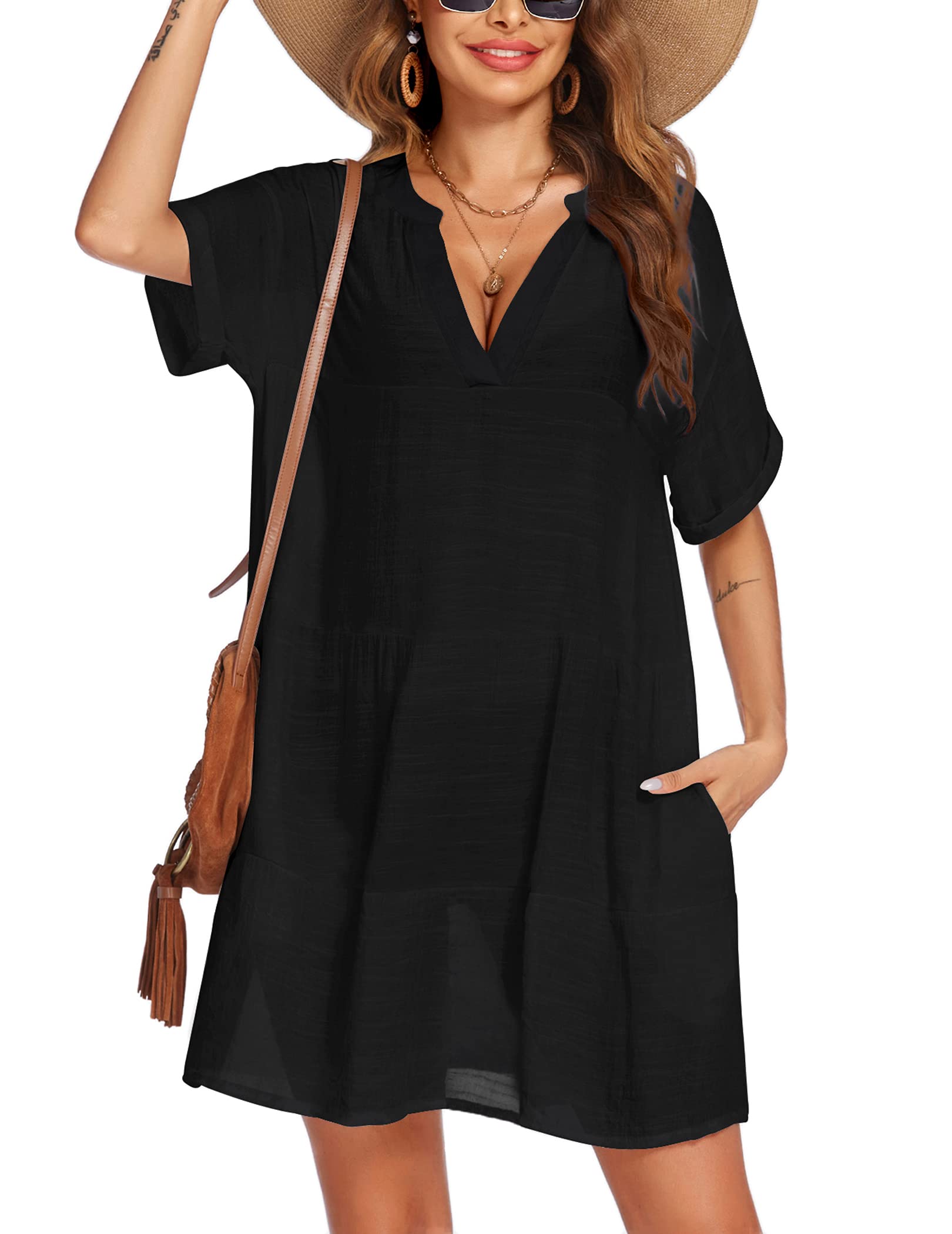 AI'MAGE Women's Swimsuit Cover Up Dress - Lightweight Beach Coverup with Pockets, Bikini Wrap, A-Line Bathing Suit Dress - Perfect for Poolside, Vacation & Summer Outfits