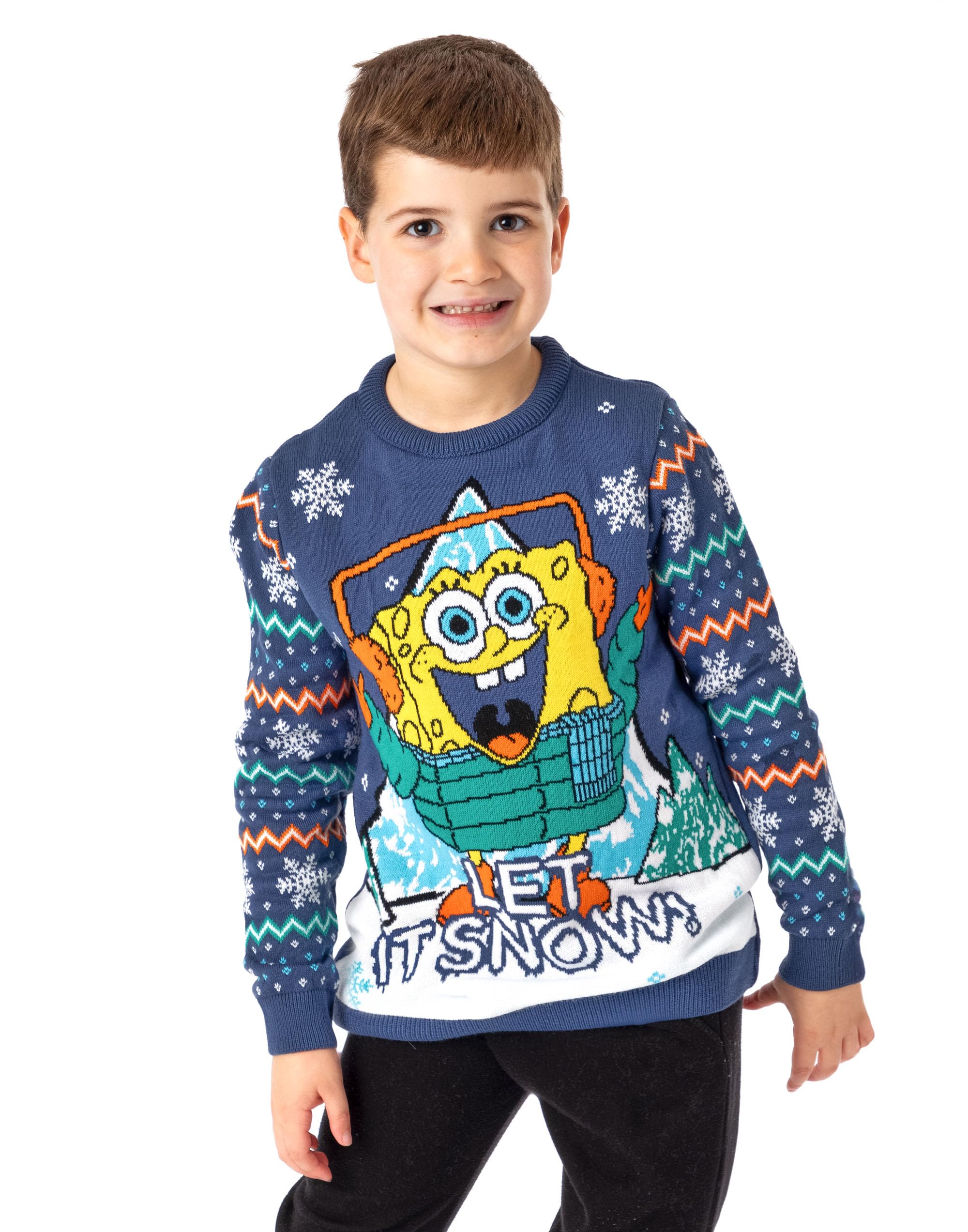 SpongeBob SquarePants Kids Christmas Sweater - Blue Let It Snow Graphic Knit Pullover | Festive Holiday Gift for Boys & Girls | Perfect for Christmas Parties & Family Photos
