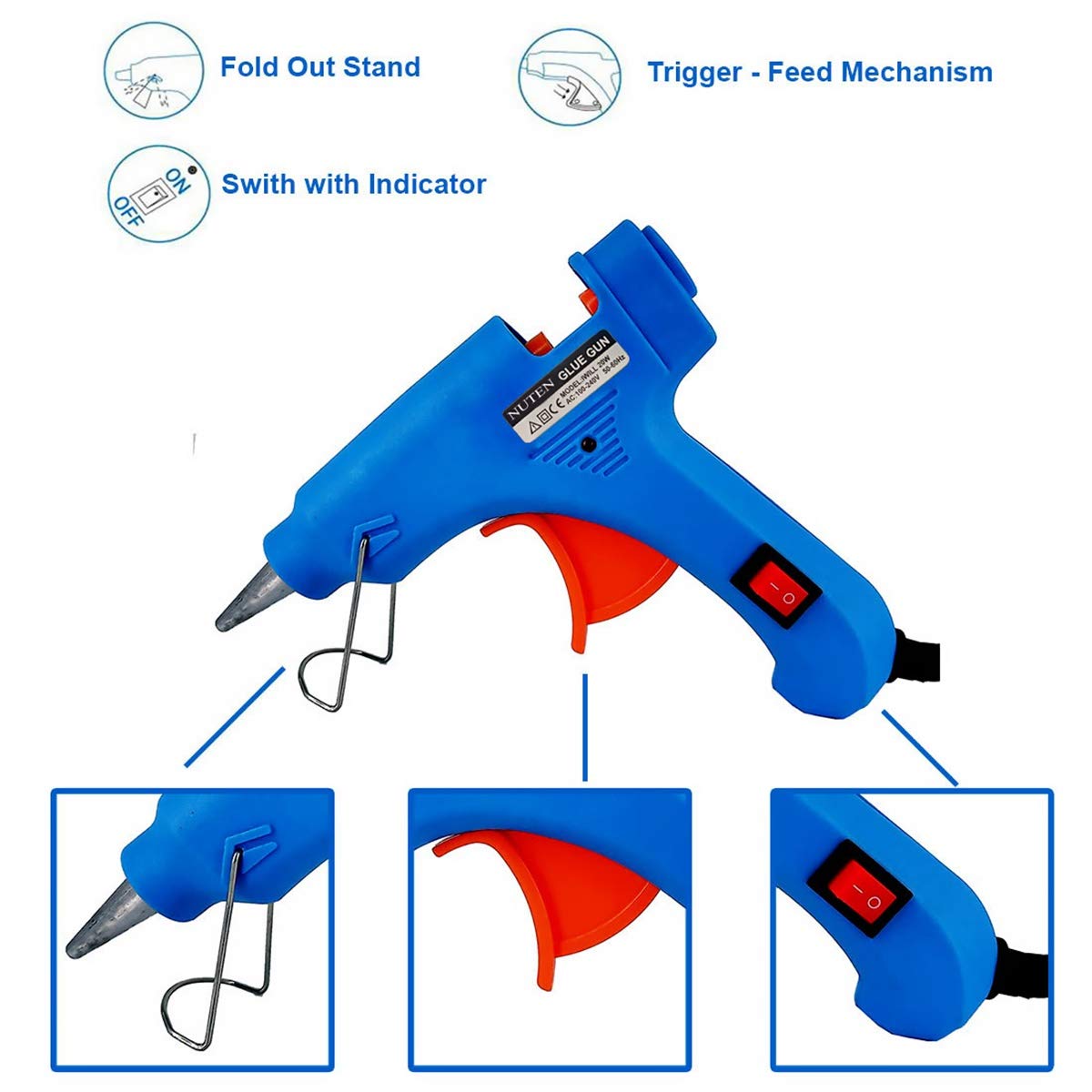 NUTEN High-Temp Glue Gun with ON/OFF Switch & LED Light - Includes 10 Free Clear Glue Sticks - Perfect for DIY Crafts, Home Repairs, and School Projects