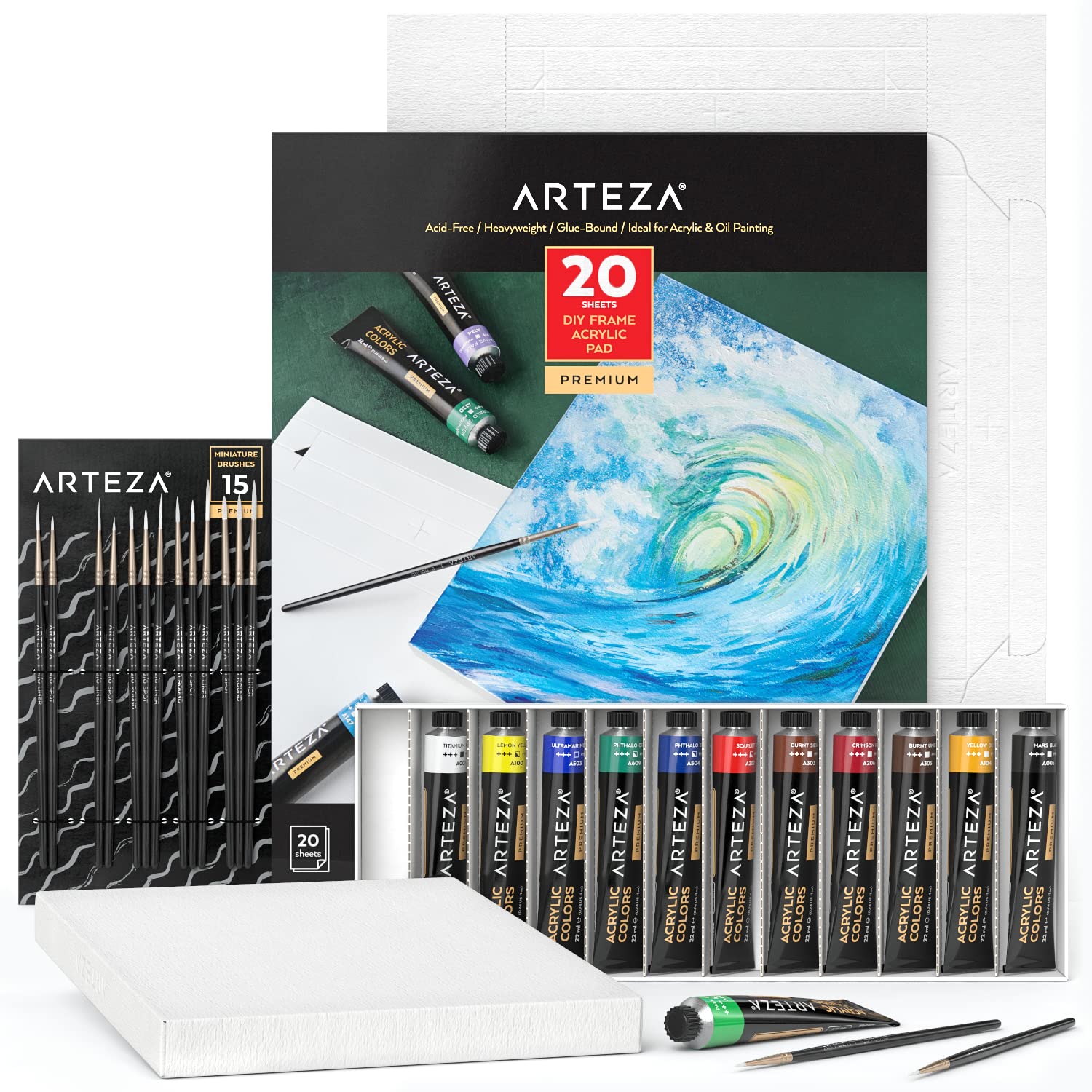 Arteza Acrylic Painting Set - 12 Vibrant Colors, 15 Detail Brushes & 7x8.6 Inch Foldable Canvas Pad | Professional Art Supplies for Beginners & Artists | Perfect for Canvas Painting, DIY Crafts & Home Decor Projects