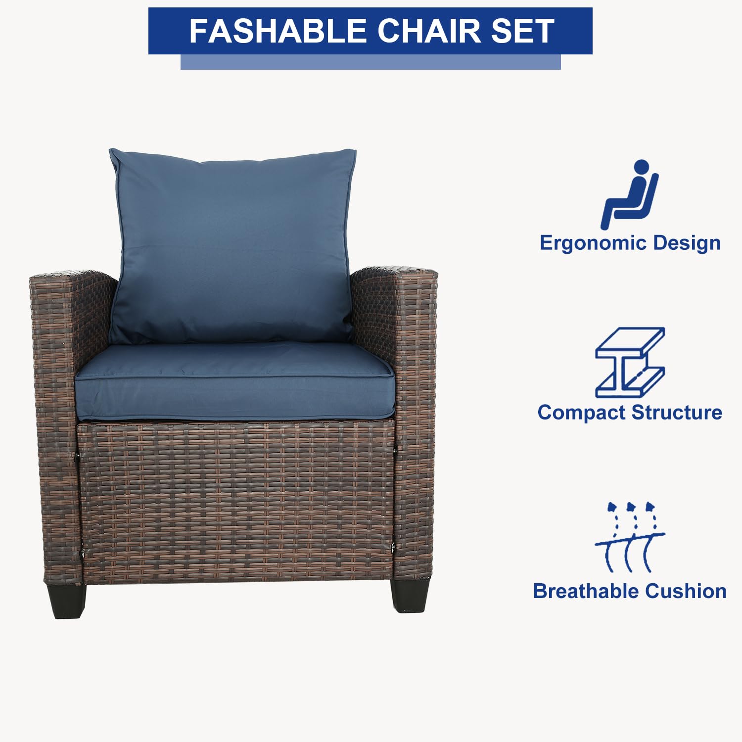 3-Piece Patio Furniture Set, PE Rattan Wicker Outdoor Sofa with Washable Cushions & Tempered Glass Table - Perfect for Balcony, Garden, Poolside & Backyard (Brown & Navy Blue) | Weather-Resistant Outdoor Lounge Set for Relaxing & Entertaining