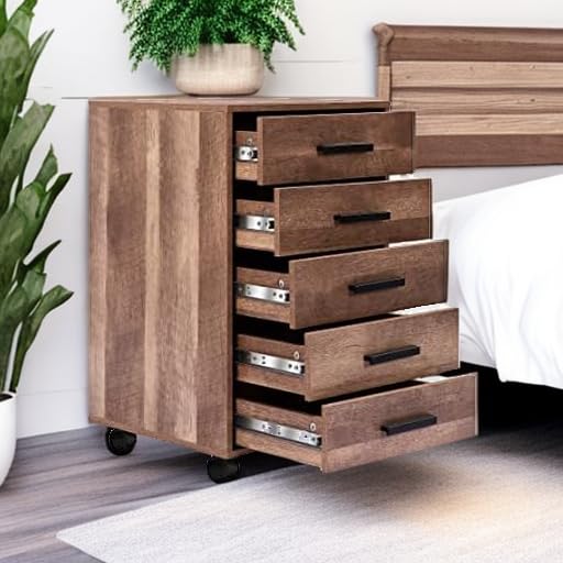 Naomi Home Parker Modern 5-Drawer Dresser Cabinet - Industrial Design Wooden Chest with Swivel Casters & Stylish Handles - Compact Bedroom Storage Solution for Clothes, Accessories & Home Organization (Chestnut)
