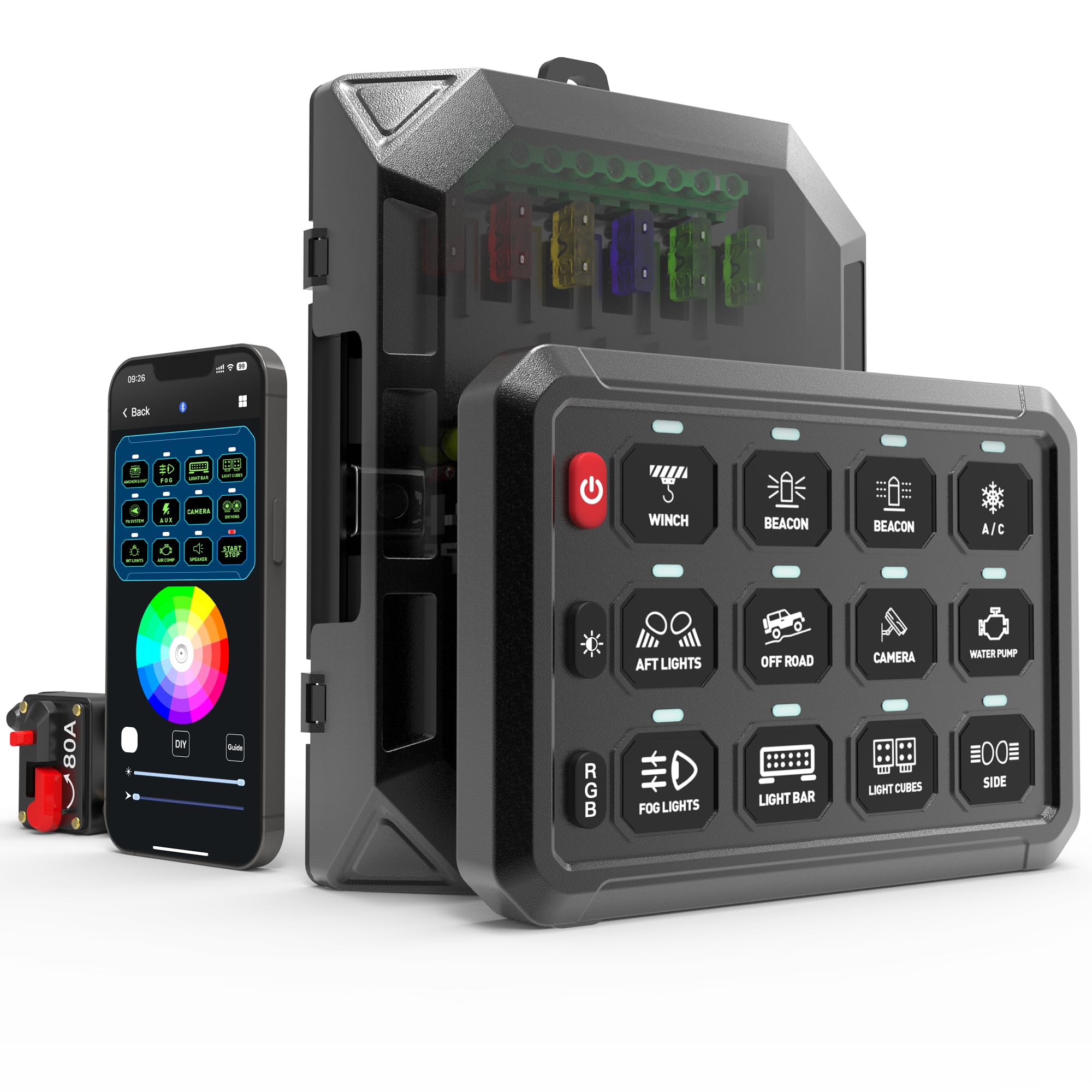 12V/24V RGB 12 Gang Switch Panel - Waterproof Marine & Offroad Light Control Box with Wireless Phone App for Car, Truck, Jeep, SUV, Boat | Multi-Function Auxiliary LED Switch Pod for Off-Roading, Boating & Marine Applications