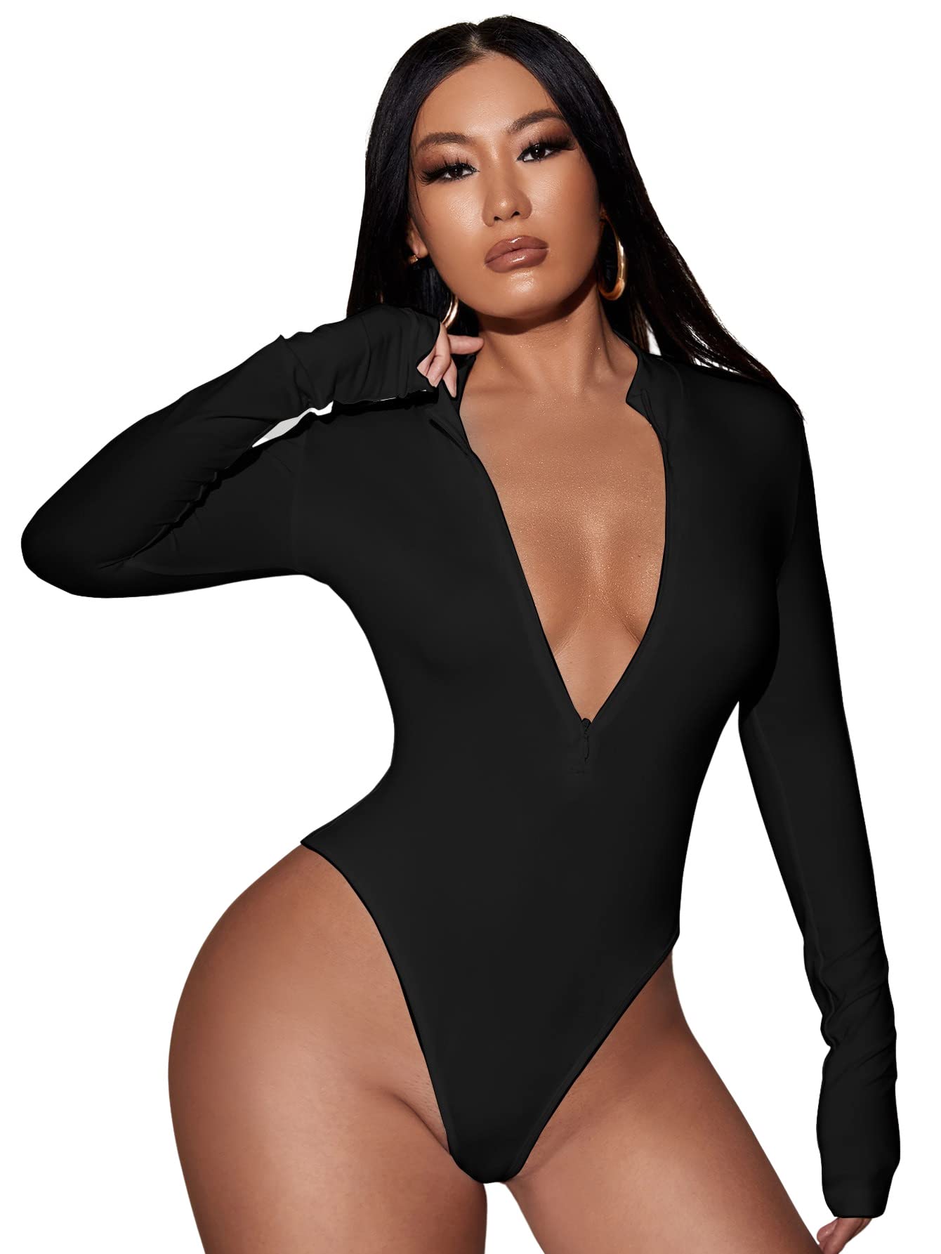 Floerns Women's Long Sleeve Zip Front Leotard Bodysuit - Solid Color Stretchy Dancewear for Ballet, Yoga & Performance - Perfect for Dance Class, Workout & Costume