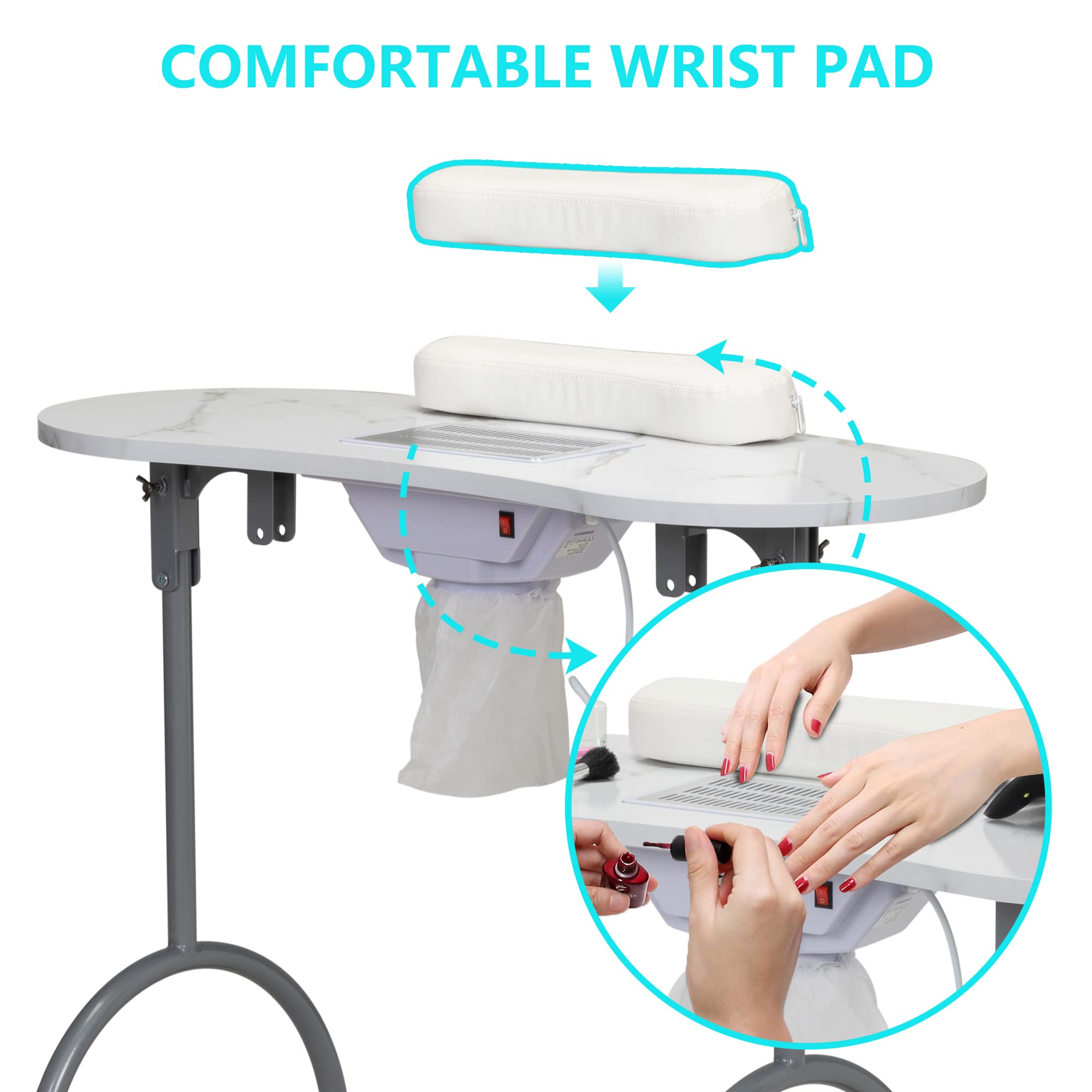 JAXPETY Portable Manicure Table with Electric Dust Collector - Professional Nail Technician Desk Workstation with 4 Lockable Wheels & Carry Bag - White | Perfect for Salon, Spa & Mobile Nail Services