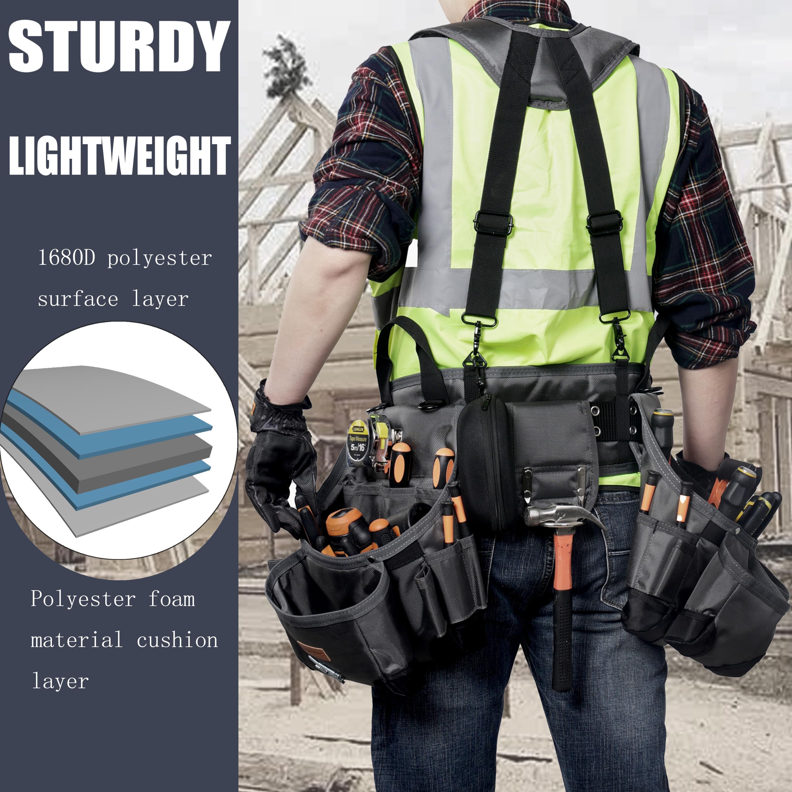 Heavy Duty Tool Belt for Men with Suspenders & Magnetic Pouch - Durable Construction & Carpenter Work Belt for Builders, Electricians & DIY Projects