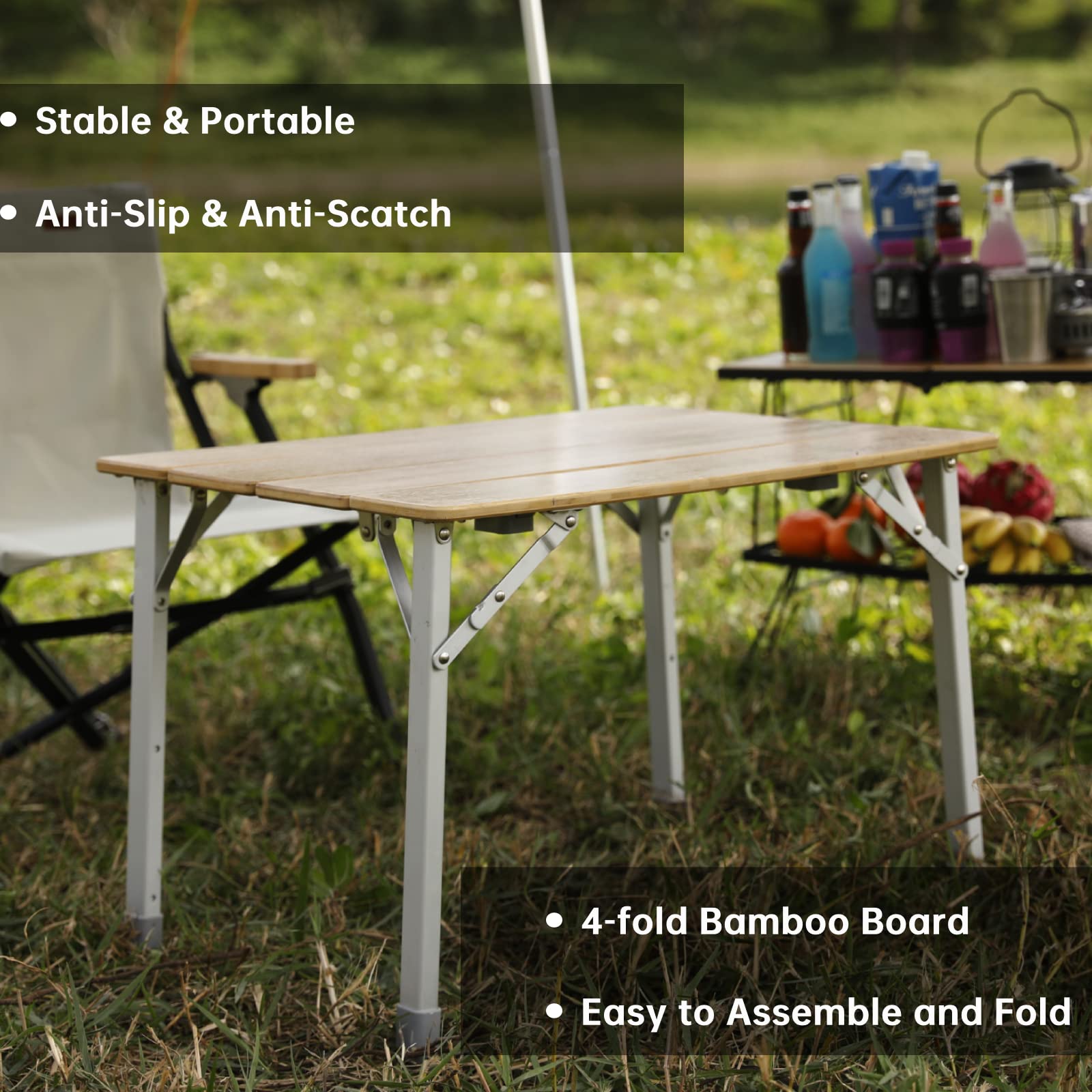 KingCamp 4-Fold Lightweight Bamboo Camping Table with Adjustable Aluminum Legs - Portable Folding Picnic Table for Outdoor, Beach, RV, Camping & Indoor Use - Includes Carry Bag for Easy Transport