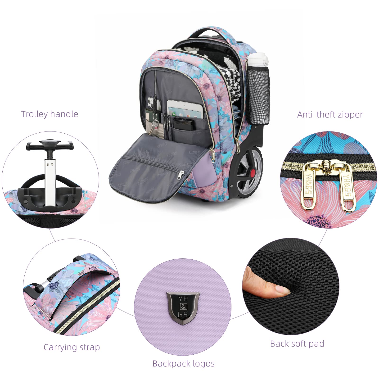 Waterproof Rolling Backpack with Wheels for Business & Travel - 20 Inch Wheeled Laptop Backpack Fits 15.6 Inch Computer - Pink Carry-On Backpack for Commuters, Adults, Women & Men - Perfect for Air Travel, Daily Commute & Office Use