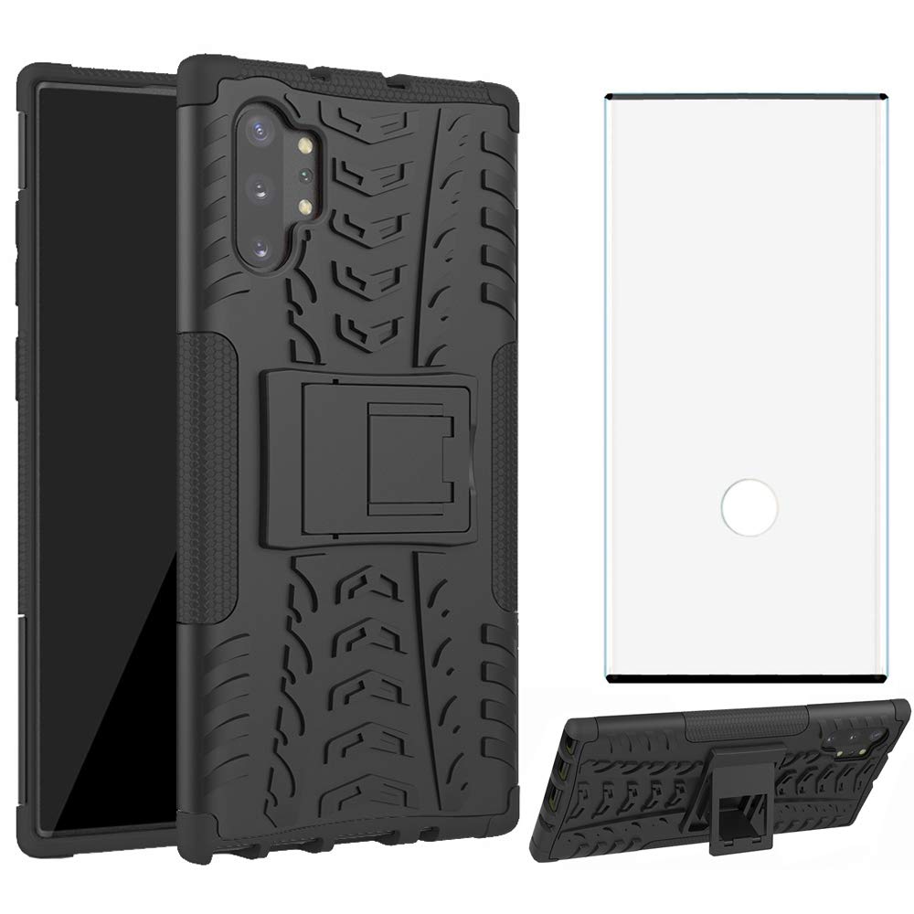 **Premium Shockproof Phone Case for Samsung Galaxy Note 10 Plus (5G) with Tempered Glass Screen Protector & Kickstand – Rugged Hybrid Protective Cover for Galaxy Note10+ – Black – Perfect for Work, Travel & Outdoor Adventures**