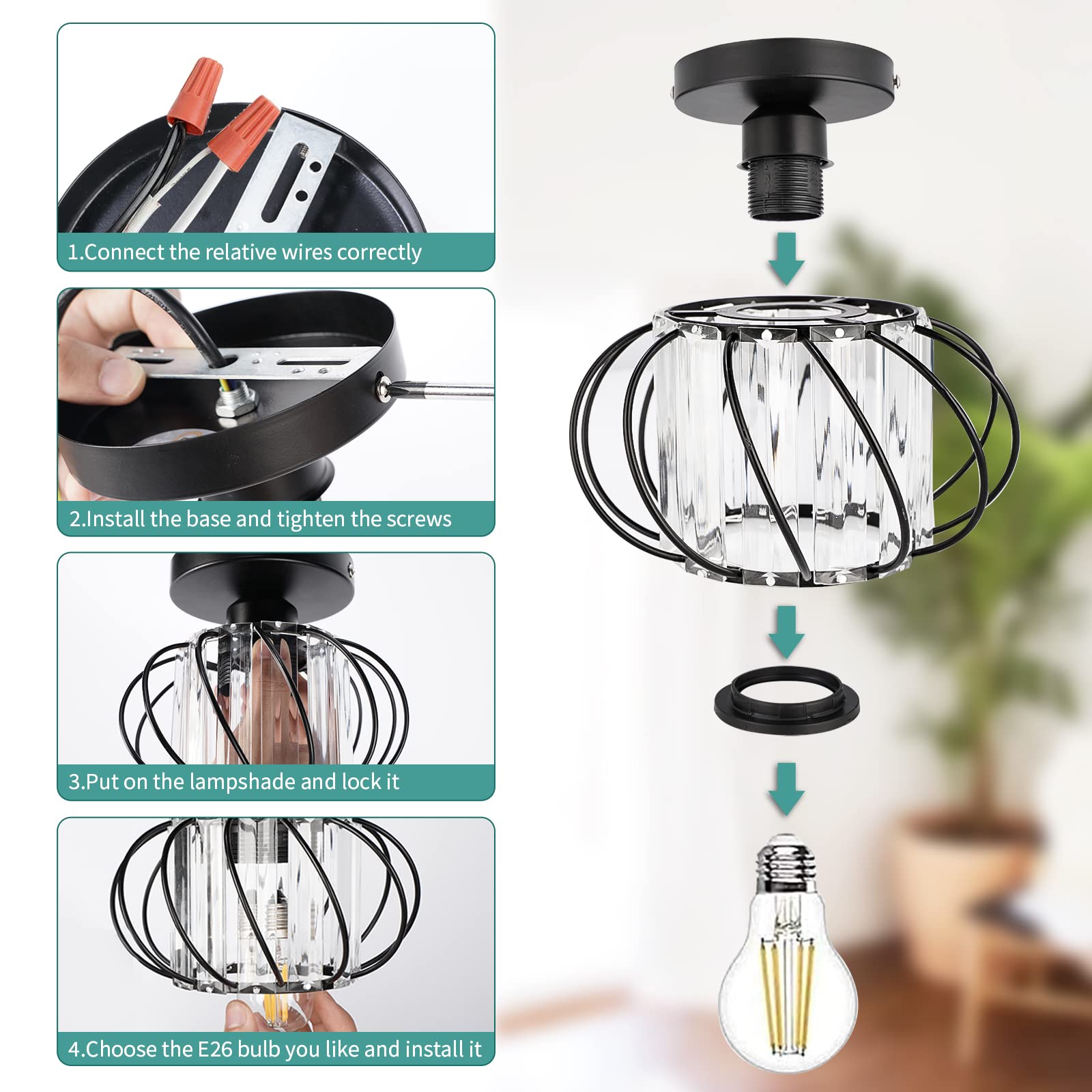 2-Pack Semi Flush Mount Ceiling Light - Small Crystal Chandelier Fixtures with Black Metal Cage, Modern Lighting for Bedroom, Hallway, Entryway, Porch & Kitchen - Elegant Home & Office Decor