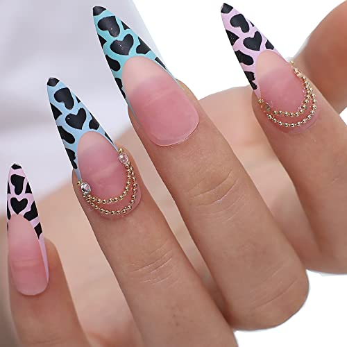 Kikmoya French Tip Press on Nails - 24pcs Stiletto Pink Fake Nails with Heart Design & Gold Beads | Matte Acrylic Full Cover Stick on Nails for Women | Perfect for Parties, Weddings & Special Occasions