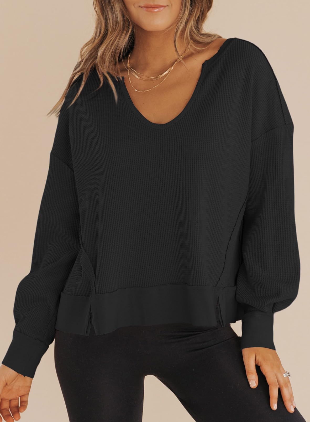 Dokotoo Women's V-Neck Waffle Knit Cropped Sweater - Long Sleeve Pullover Crop Top for Spring Outfits | Casual Wear, Layering, Date Night & Office Looks