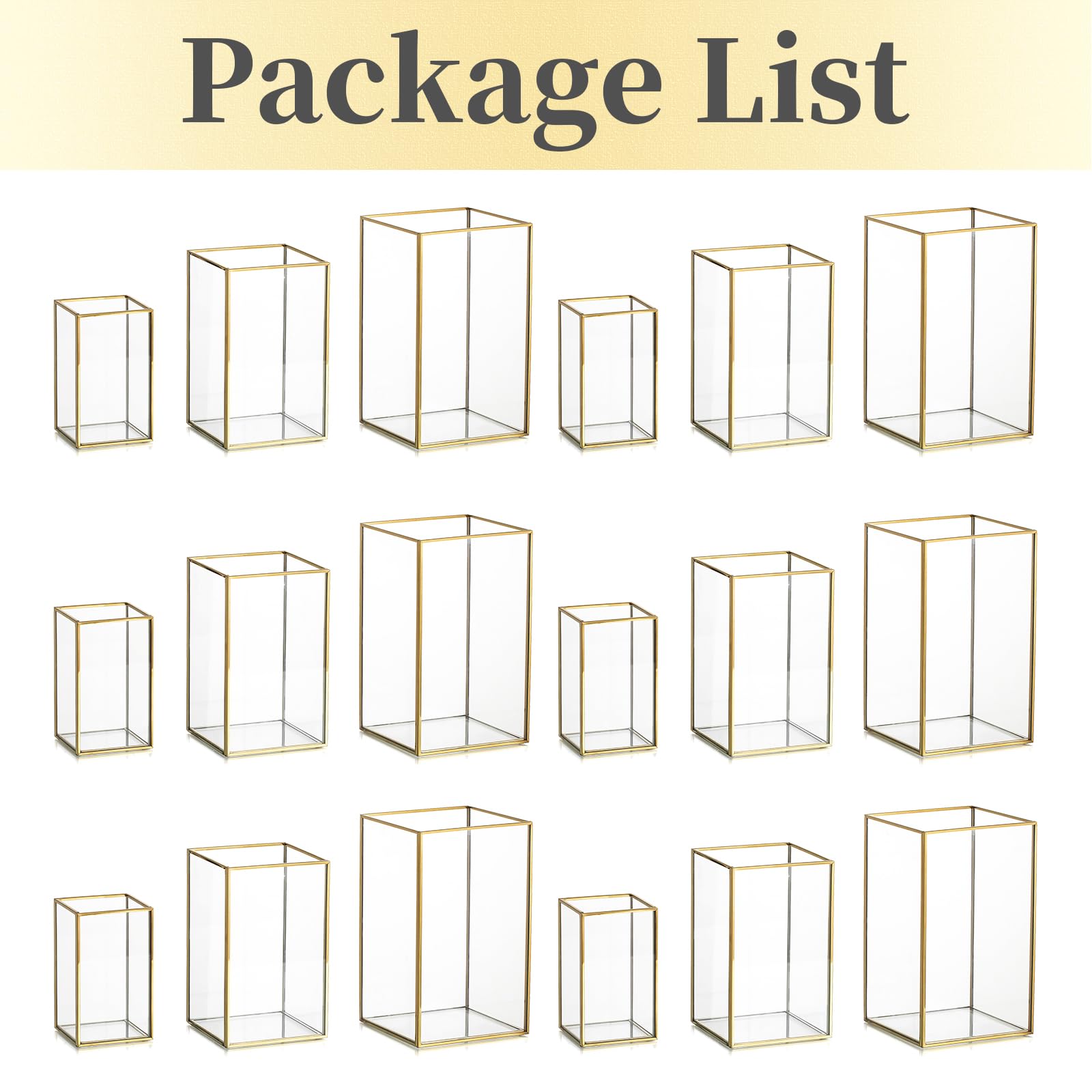 Hewory Glass Hurricane Candle Holder Set of 18 - Gold Metal Frame Square Clear Candle Holders for Wedding, Christmas, Engagement, Birthday Party Decor - Perfect for Table Centerpieces, Home Decor, and Romantic Ambiance Lighting