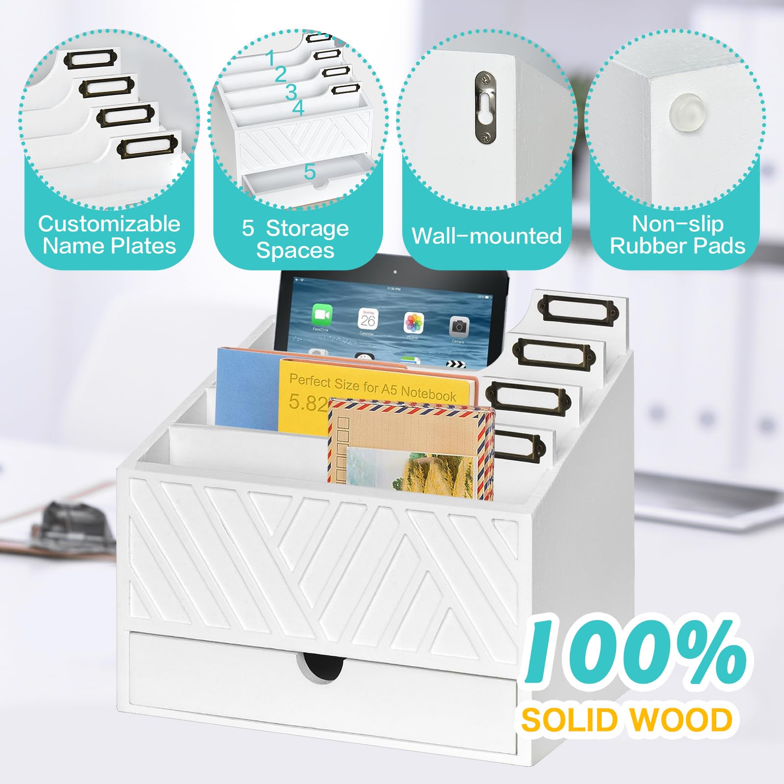 Wooden Mail Organizer with 4 Large Compartments & Drawer - Countertop Desk File Sorter for Letters, Papers, Folders - Perfect for Home Office, Mailroom & Workspace Organization
