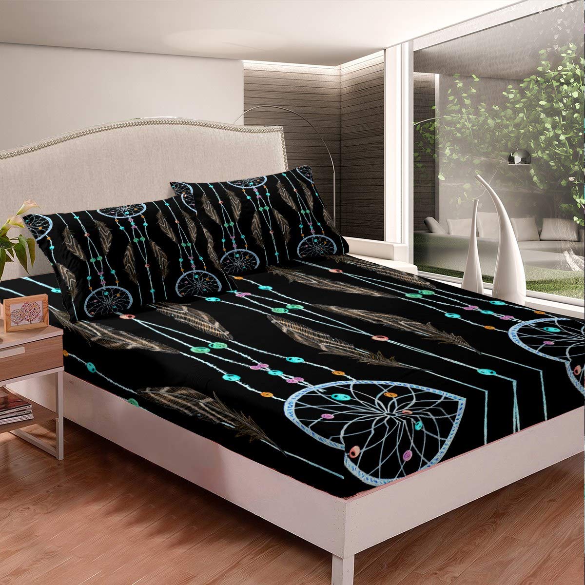 Bohemian Dream Catcher Printed Queen Size Bed Sheet Set - Boho Style Indian Hippie Feather Bedding with 2 Pillowcases for Teens & Youth Bedroom - Perfect for Boho Chic Decor, Dorm Room, and Cozy Bedroom Makeover
