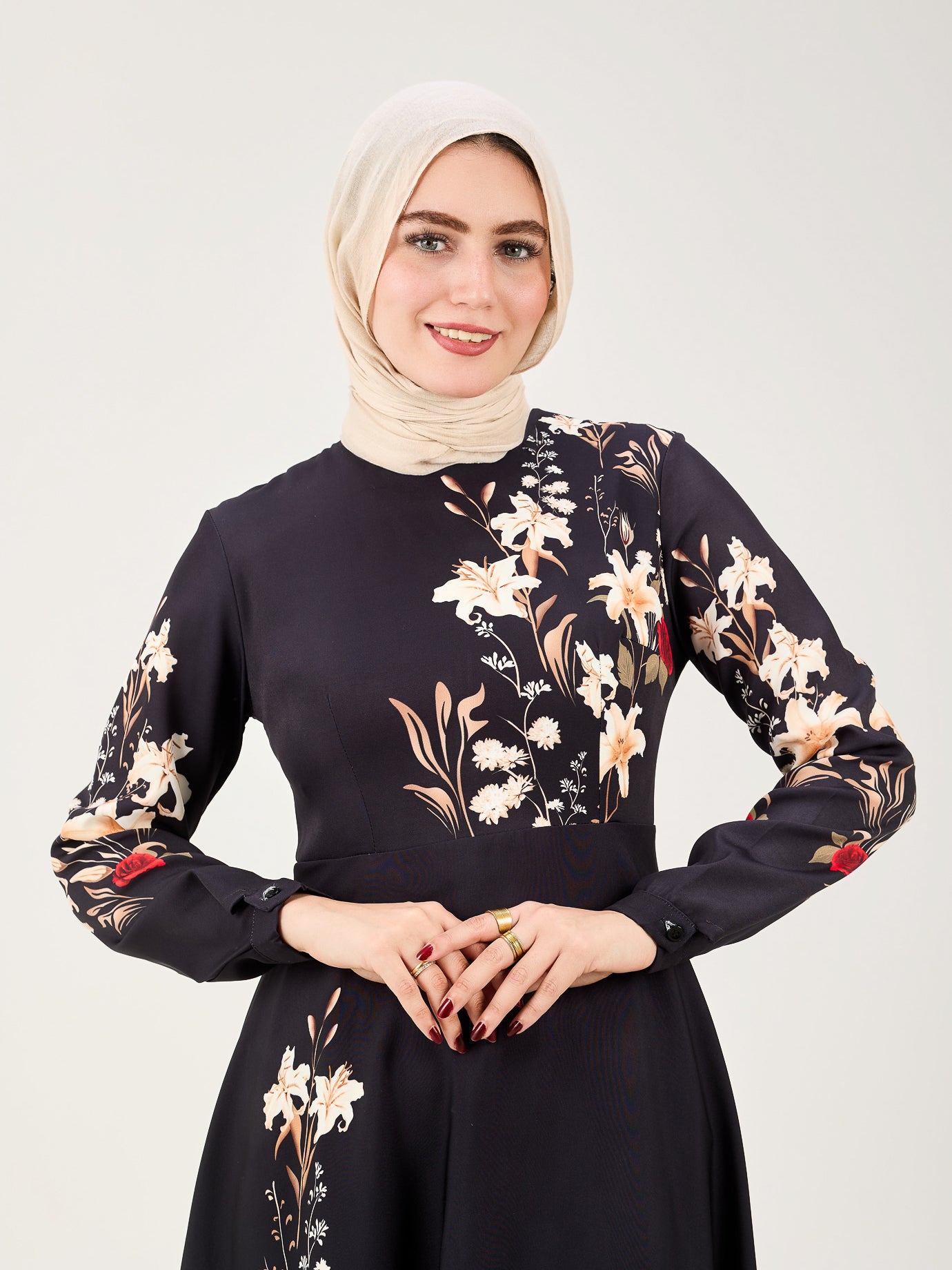 Elegant Camilia Noor Noir Floral Long Sleeve Maxi Dress for Women - Perfect for Evening Parties, Weddings & Special Occasions