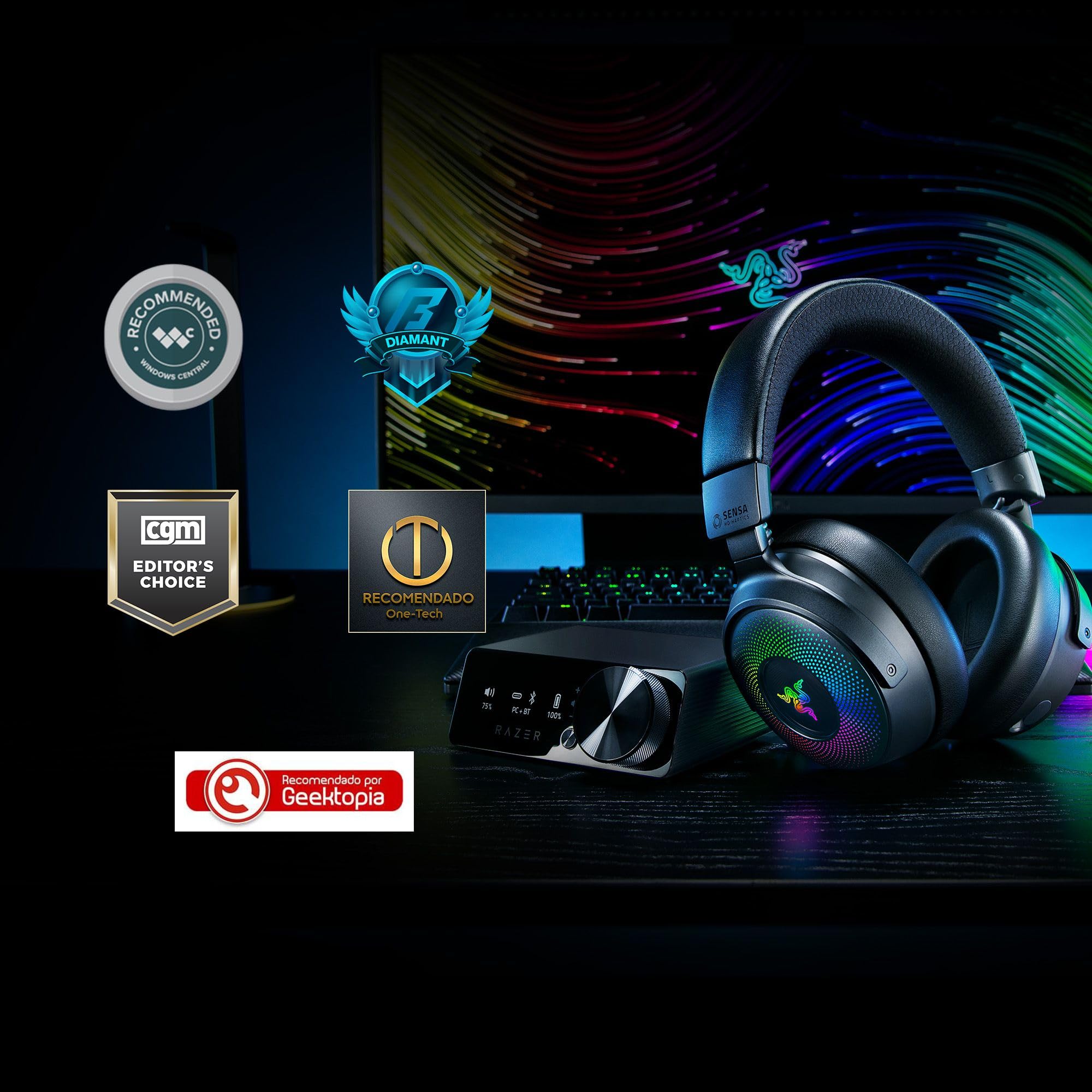 Razer Kraken V4 Pro Wireless Gaming Headset with OLED Control Hub - HD Haptics, 2.4GHz Wireless & Bluetooth Connectivity - USB/3.5mm Compatible - Super Wideband Mic for PC, Mac, PS5, Nintendo Switch, Steam Deck & Smartphone - Perfect for Competitive Gaming, Streaming & Virtual Meetings