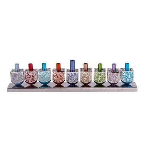 Yair Emanuel Hanukkah Menorah - 9 Multi-Colored Aluminum Dreidels with Metal Cutouts Candle Holder for Chanukah - Fits Standard Hanukkah Candles - Perfect for Jewish Holiday Decorations & Home Celebrations