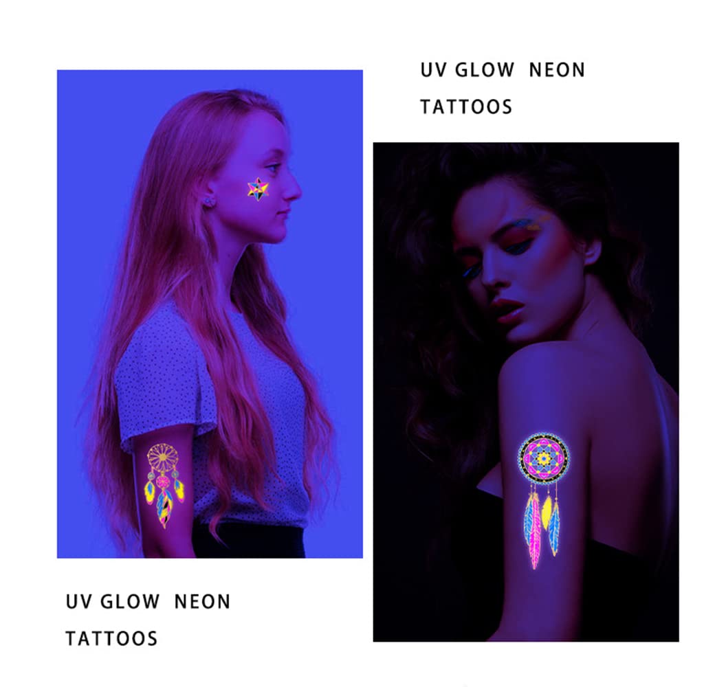 UV Glow Neon Temporary Tattoos - Lion, Tiger, Wolf & Armband Designs | Waterproof Fake Tattoo Stickers for Women, Men & Kids (21x15cm) | Perfect for Parties, Festivals & Body Art
