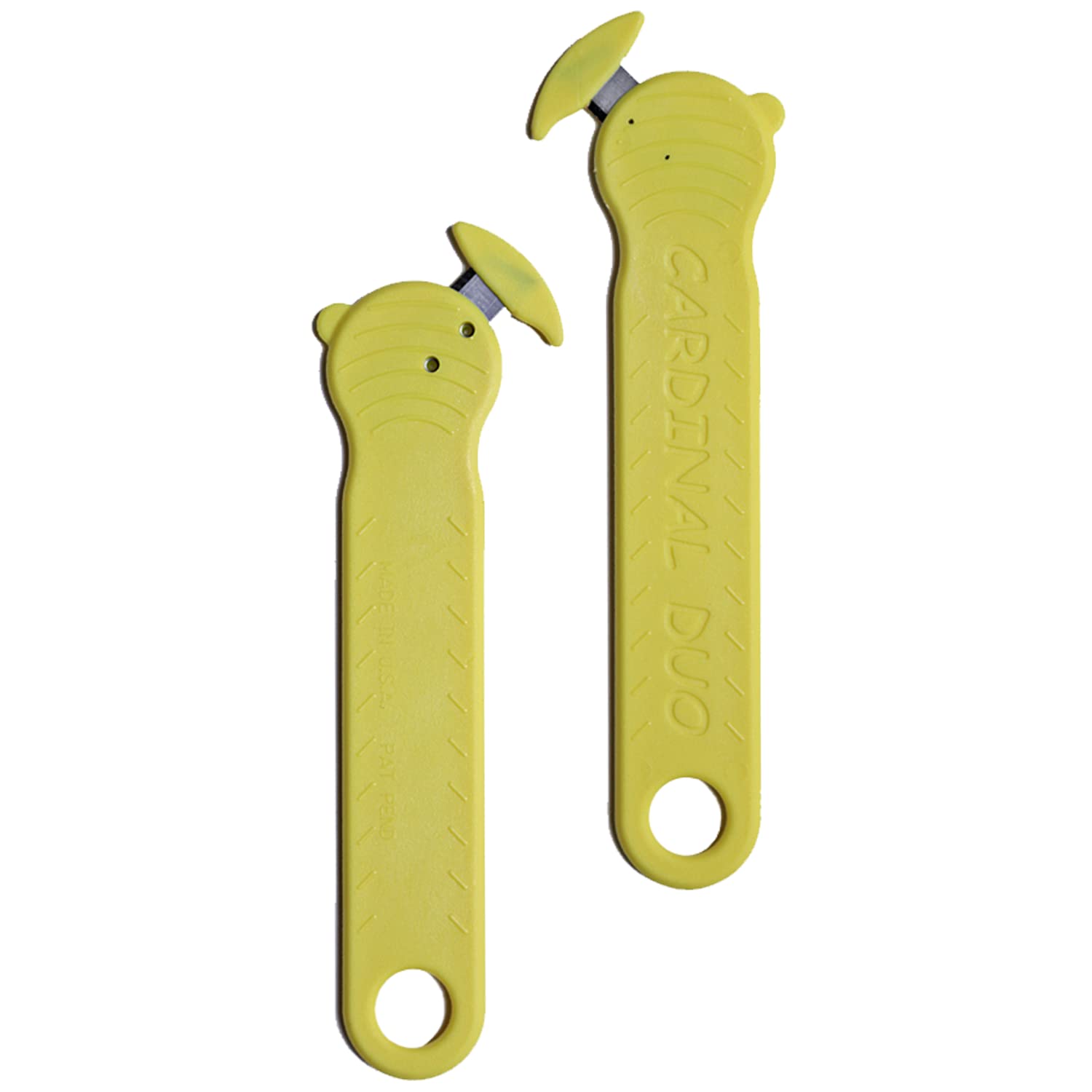 Cardinal Duo Safety Box Cutter - Dual Steel Blades for Push & Pull Cutting | Double-Edged Design for Boxes, Shrink Wrap, Plastic Straps & Zip Ties | Heavy Duty Package Opener (5-Pack, Yellow) | Perfect for Warehouse, Shipping & Home Use