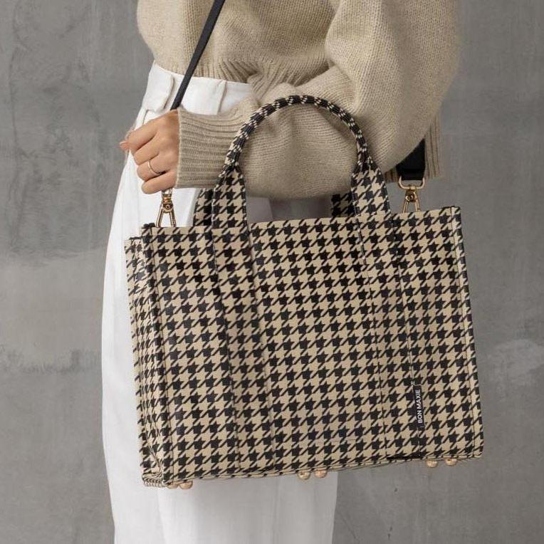 Stylish Small Structured Tote Bag - Black Houndstooth Pattern for Women | Perfect for Work, Shopping & Travel Accessories
