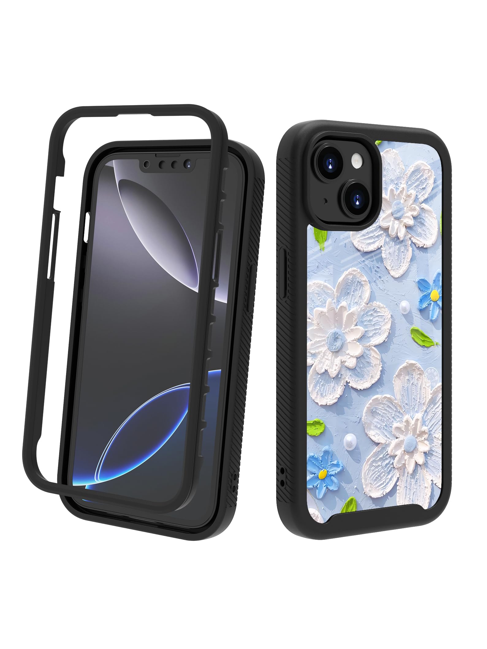 DOWINTIGER Heavy Duty Shockproof iPhone 14/13 Case for Women - Blue Oil Painting Floral Design, Dual Layer Rugged Protective Cover with Full Body Protection | Perfect for Outdoor Activities, Work & Daily Use