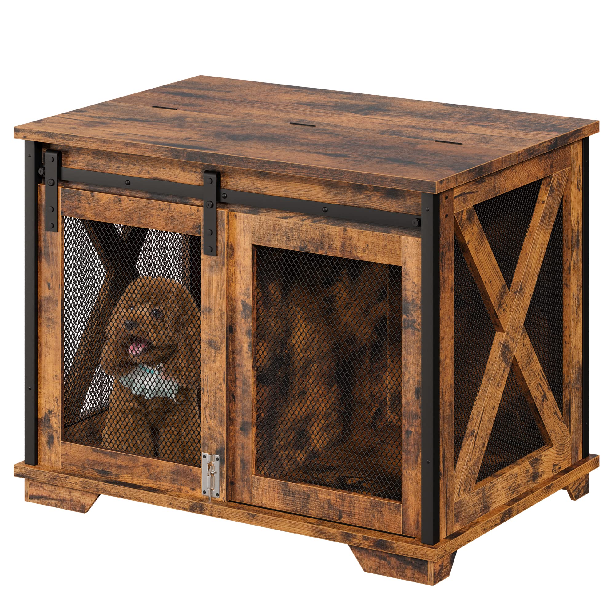 GAOMON Sliding Doors Wooden Dog Crate Furniture with End Table & Flip-Top Plate - Indoor Rustic Brown Pet Kennel for Small to Medium Dogs | Perfect for Living Room, Bedroom & Home Decor