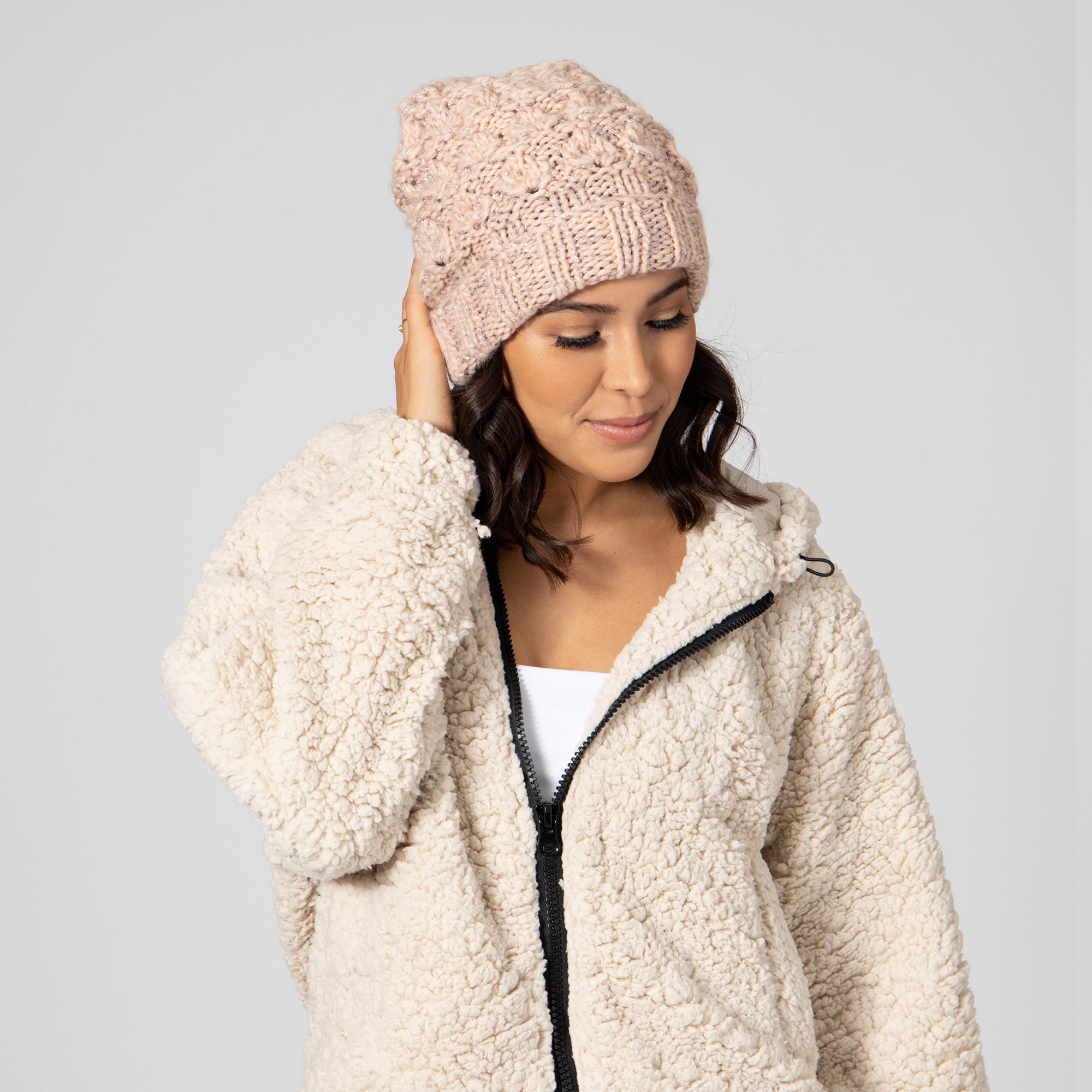 Women's Knit Beanie with Foldable Cuff & Rose Gold Lurex Thread - Winter Warm Hat for Outdoor Activities, Skiing, and Casual Fashion