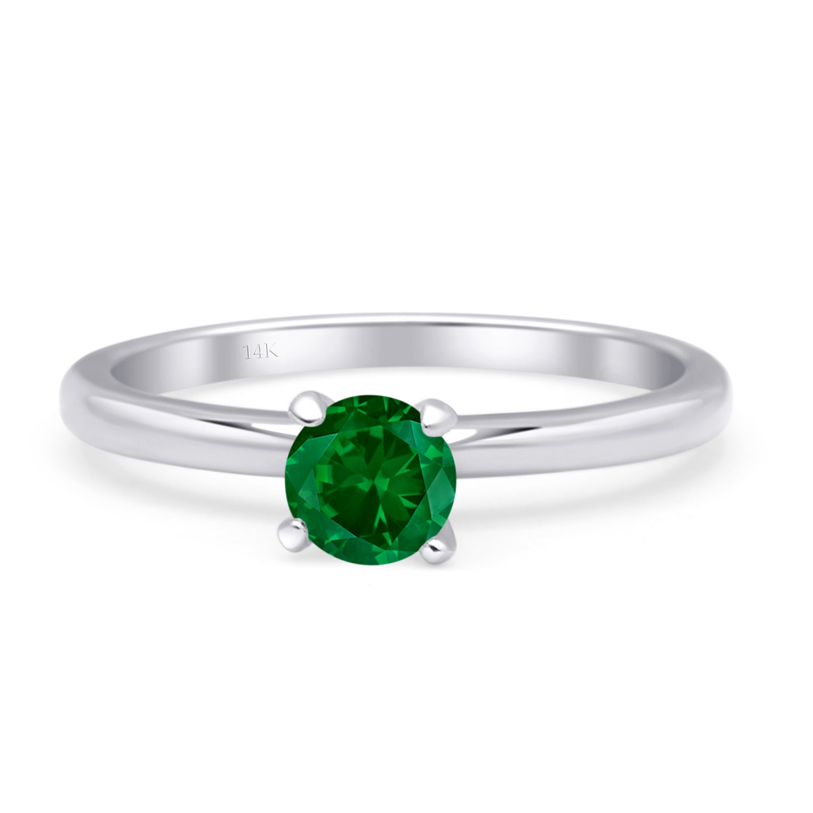 14K White Gold Minimalist Round Green Emerald CZ Solitaire Ring for Women - Elegant Birthstone Jewelry Gift for Engagement, Anniversary & Special Occasions