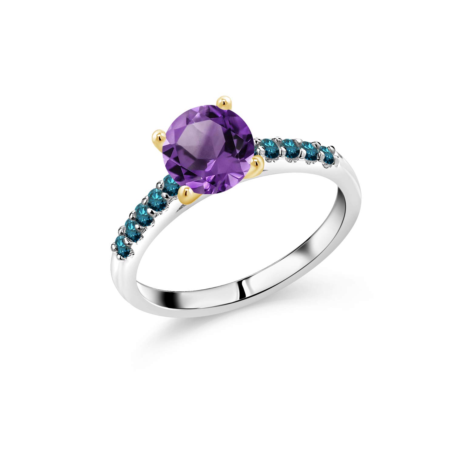 1.53 Ct Natural Purple Amethyst & Blue Diamond Ring in 10K White Gold with Yellow Gold Prongs - Elegant Jewelry for Women, Perfect for Weddings, Anniversaries & Special Occasions