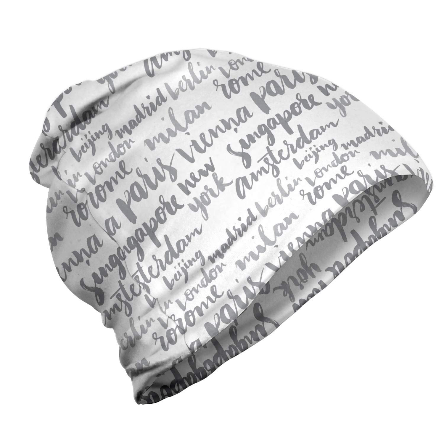 Ambesonne Unisex Beanie - Stylish Grey City Names Design - Warm Winter Hat for Men & Women - Perfect for Hiking, Outdoors & Cold Weather Activities