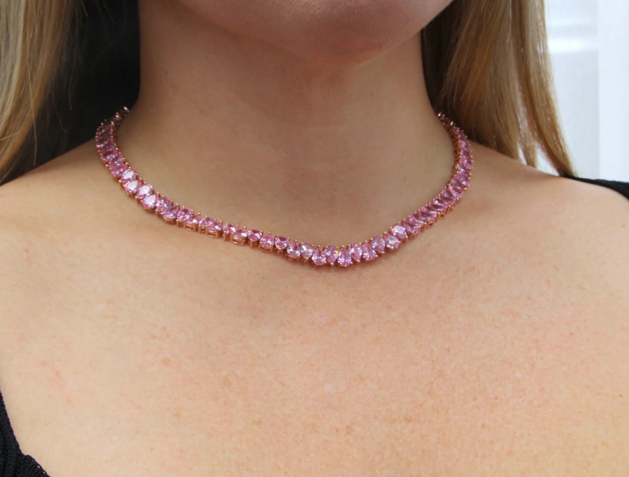 Elegant Rose Gold Choker Necklace with Pink Zirconia Stones - Perfect for Weddings, Parties & Special Occasions