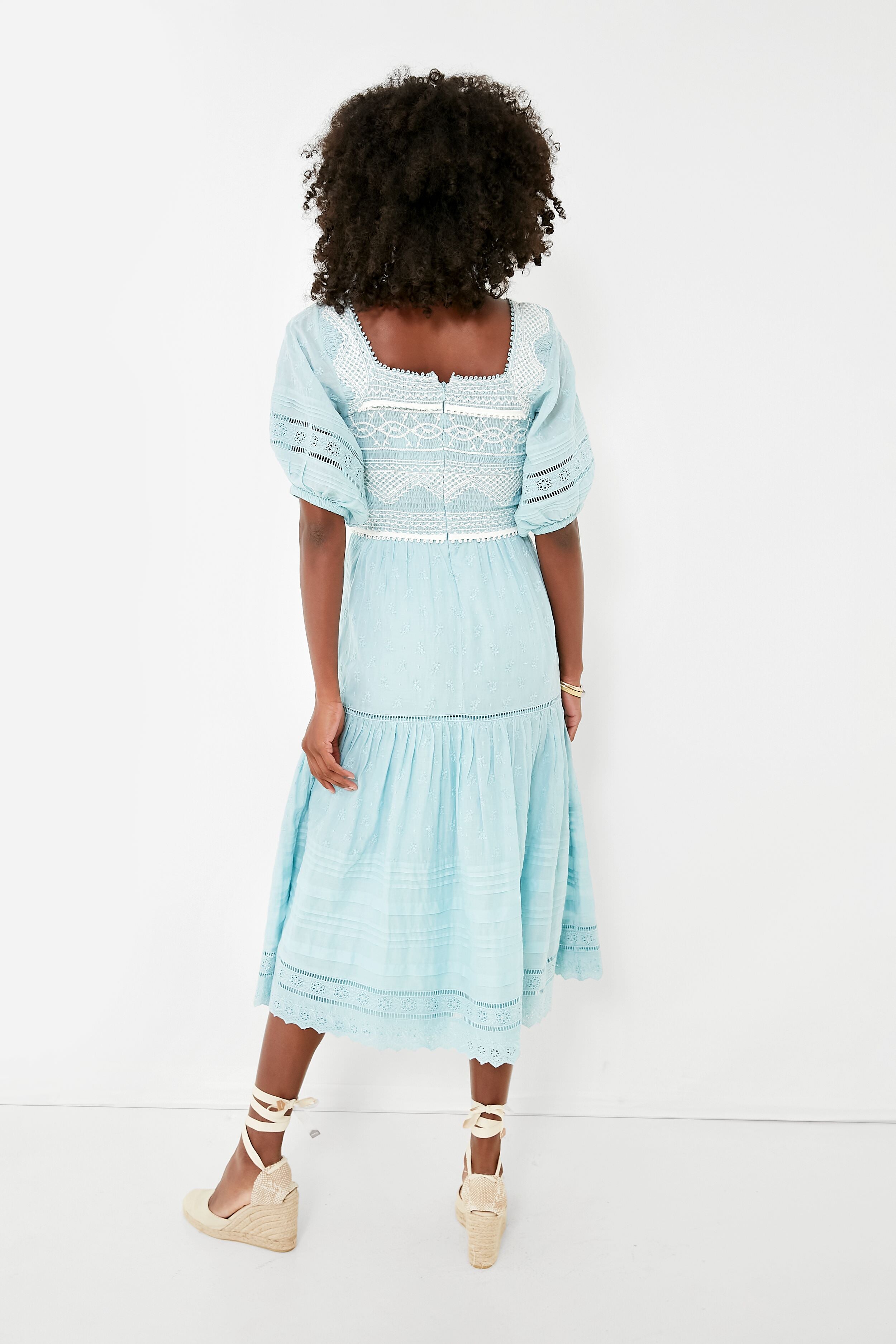 Blue Olga Hand Smocking Puff Sleeve Dress - Elegant Floral Summer Dress for Women, Perfect for Weddings, Parties & Beach Vacations