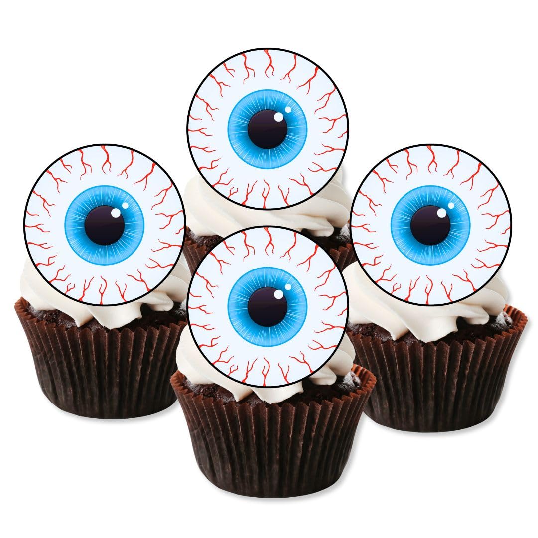 PRECUT Edible Eyeball Cupcake Toppers - 24 Pack Halloween Cake Decorations for Creepy Eye Cupcakes, Spooky Party Treats & Scary Dessert Toppings