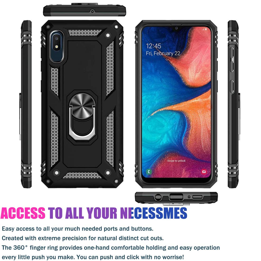 Military Grade Protective Phone Case for Samsung Galaxy A10E with Magnetic Car Mount & Kickstand - Shockproof Defender Cover (Black) | Perfect for Driving, Work & Outdoor Activities