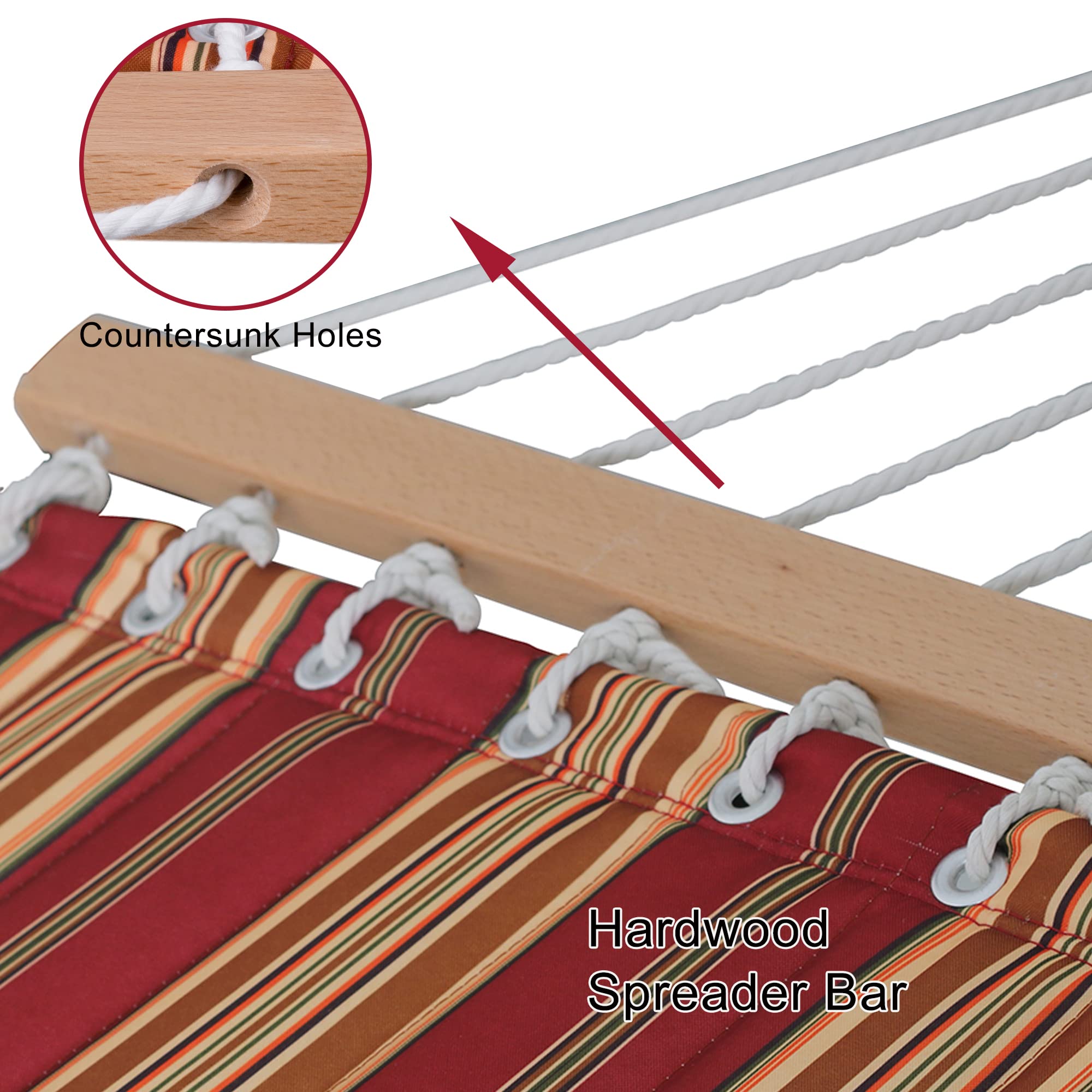 Quilted Fabric Double Hammock with 12ft Stand - 450 lbs Capacity for 2 People - Indoor/Outdoor Use in Patio, Garden & Backyard - Red & Brown Stripe (Perfect for Relaxing, Lounging & Napping)