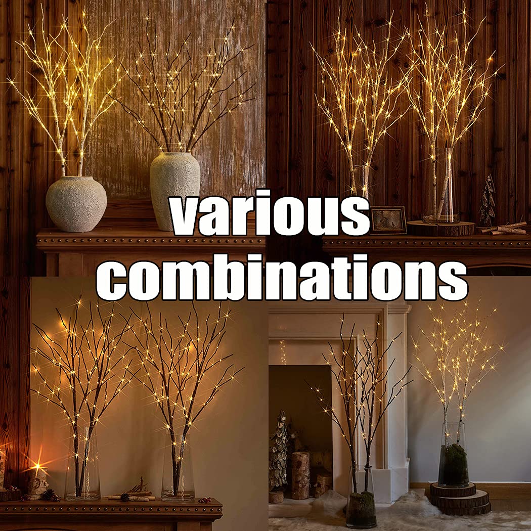 Fudios 30IN Battery Operated LED Birch Twig Lights with Timer - 100 Warm White LEDs for Indoor/Outdoor Holiday Decor (2-Pack) | Perfect for Winter Centerpieces, Vase Fillers, and Seasonal Home Decoration