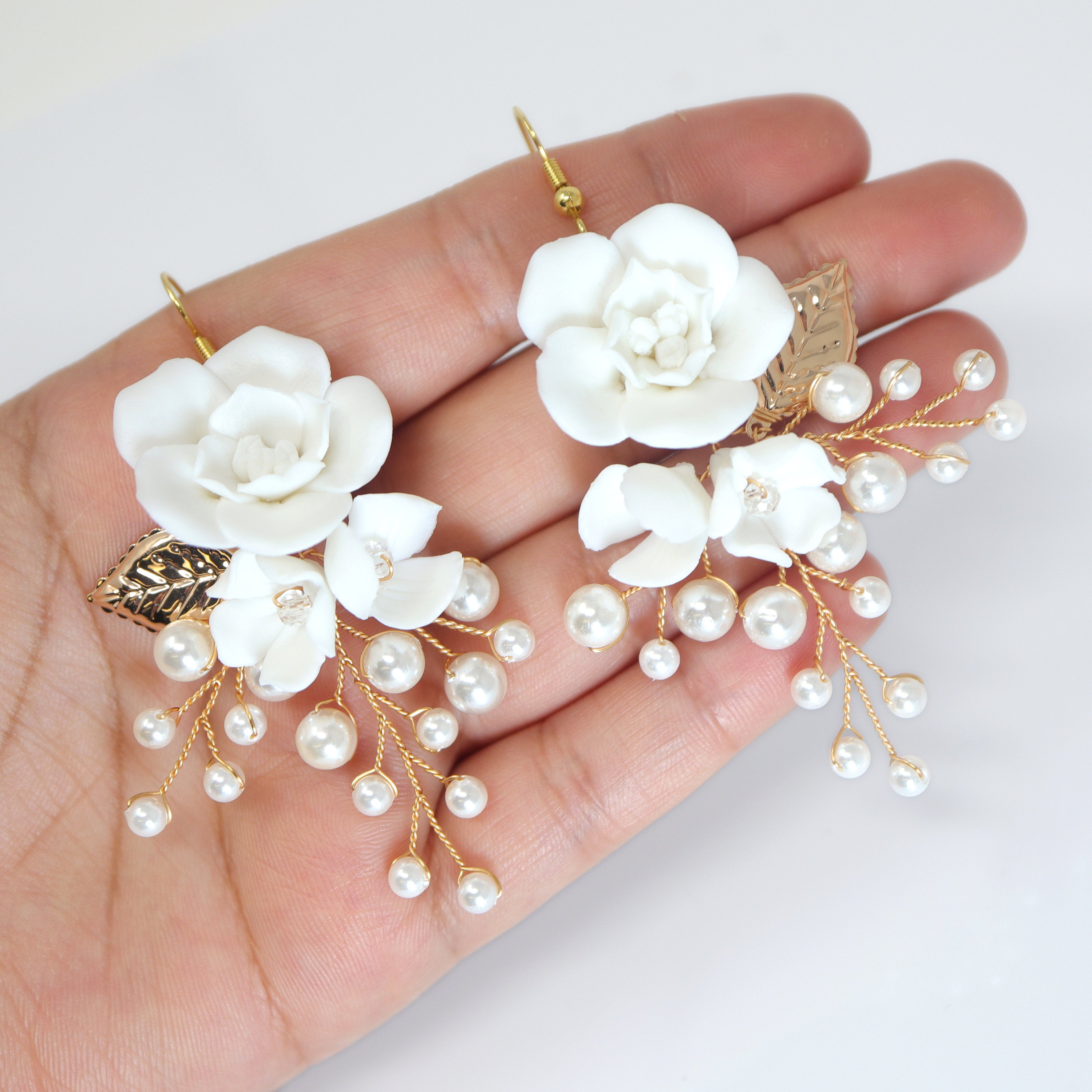 Elegant Ceramic White Rose Floral Pearl Vine Bridal Earrings - Natural Cultured Pearl Dangle Earrings for Wedding, Prom & Special Occasions