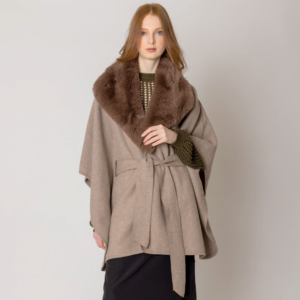 Taupe Faux Fur Collar Belted Poncho Coat - Women's Winter Fashion Outerwear for Casual Wear & Holiday Parties