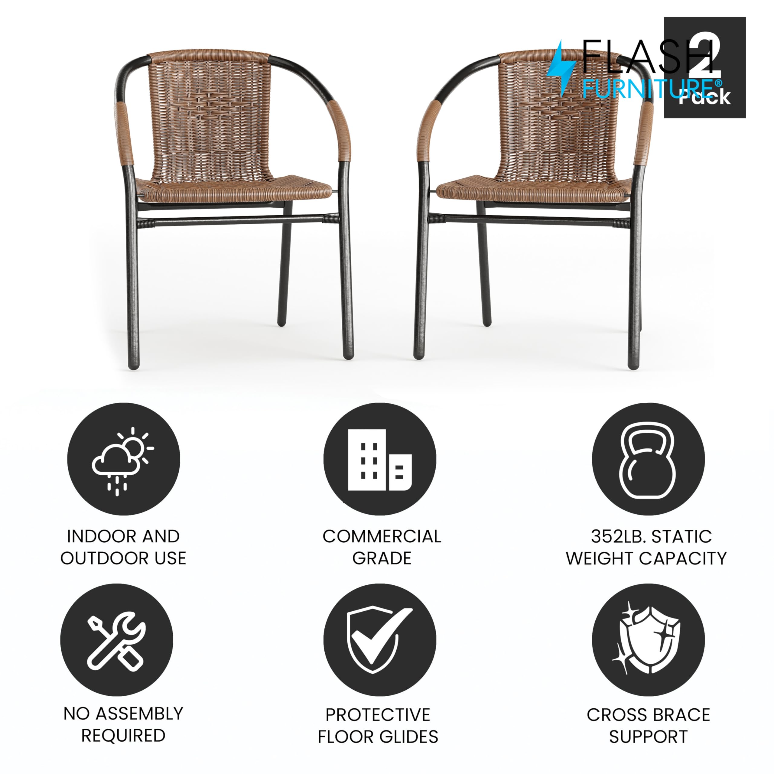 Flash Furniture Lila Modern Rattan Stackable Dining Chairs - Indoor/Outdoor Bistro Chairs Set of 2, Brown - Perfect for Patio, Restaurant, Cafe, and Home Dining Use