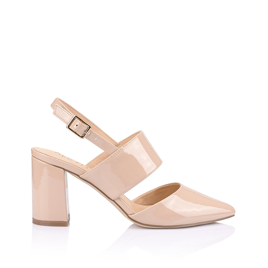Ena Women's Closed Toe Block Heel Pumps - Nude Patent Leather Dress Shoes for Work, Office & Wedding